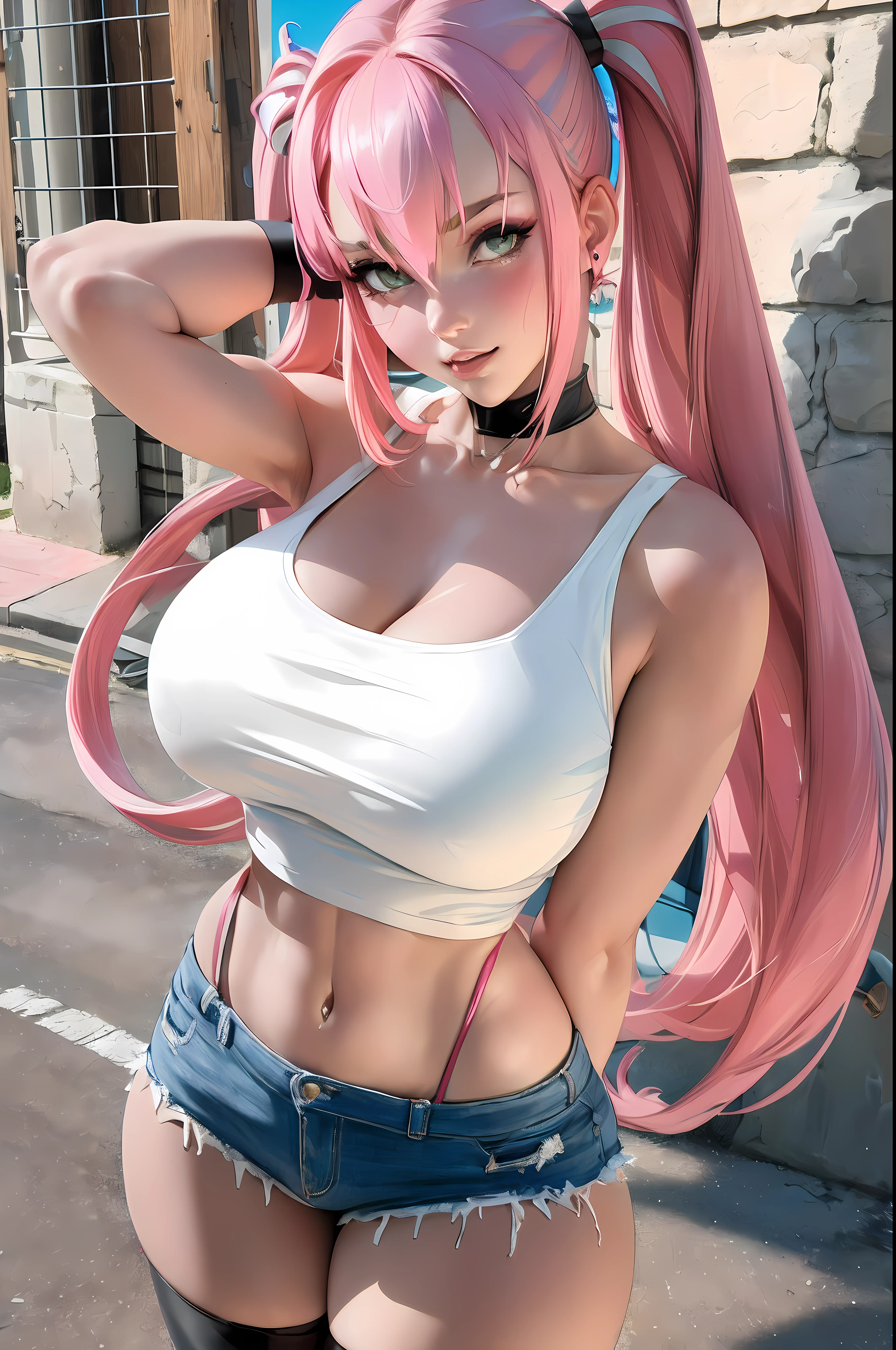 ((Best quality)), ((Masterpiece)), ((Realstic)) and ultra-detailed pchaudography, Tsuande, Pretty Girl Tsunade de Naruto, Jolie fille, cheveux jaune clair, parti, neon light. Elle a ((cheveux blanc)), porte un (Top Tech-Wear) et un (corde noire, motif rouge:1.2) , ((beautiful and aesthetic)), sexy, gros seins, chaud, grosse poitrine, kunaboto