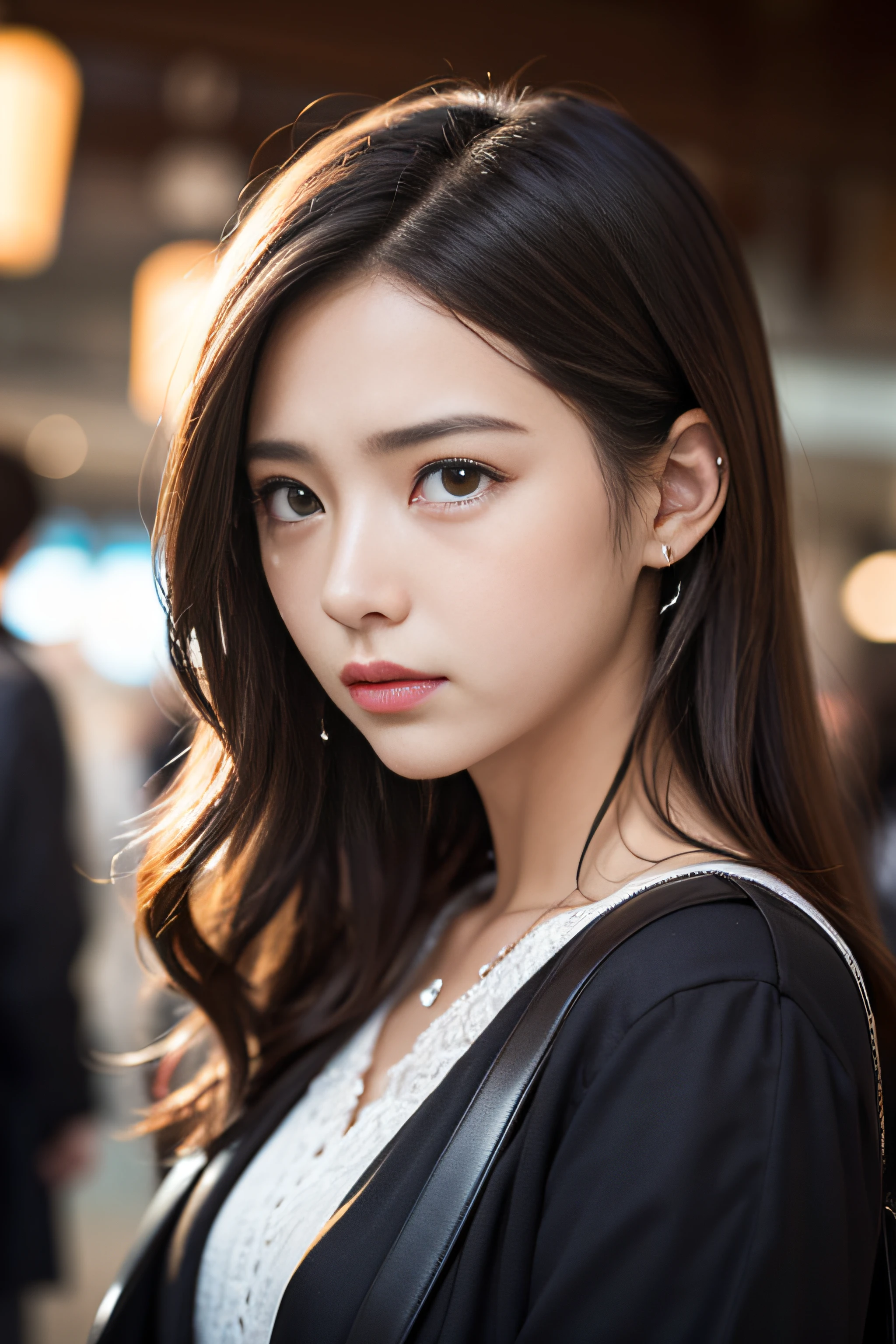 1girl in、(Super beauty)、Long brown wavy hair、(Heartbreak Travel)、(Tears:1.4)、Tokyo Station in the Rain、(beauitful face)、Shallow depth of field