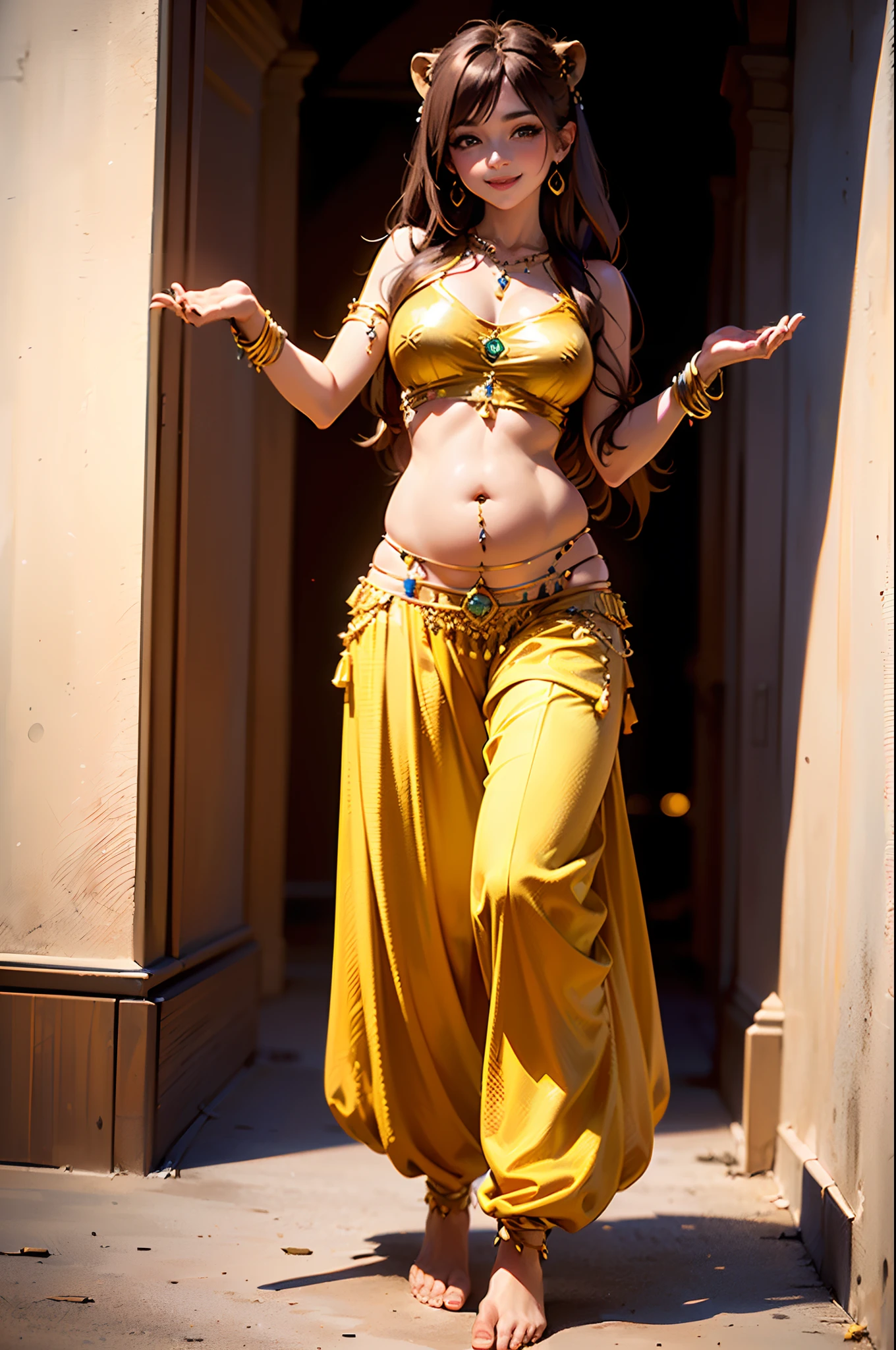 A youthful beautiful woman, sunny leone as a goddess, fair skinned, four arms, wearing a silk strapless bra and a dhoti, gold ornaments, silk scarf, lotus in hand, standing in the clouds, smiling, closeup, upper body, photorealistic