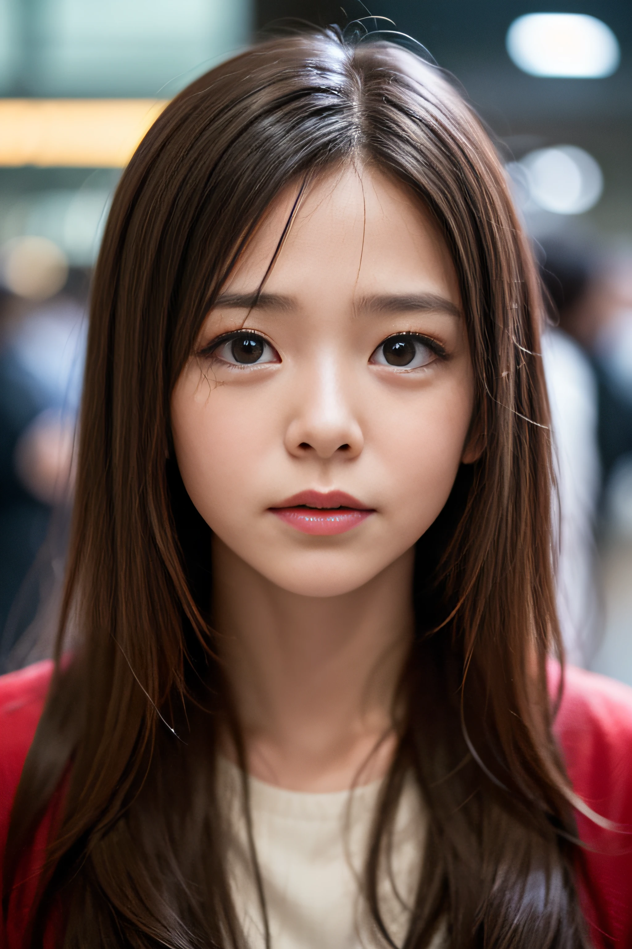 1girl in、(Super beauty)、Long brown wavy hair、(Heartbreak Travel)、(Tears:1.4)、Tokyo Station in the Rain、(beauitful face)、Shallow depth of field