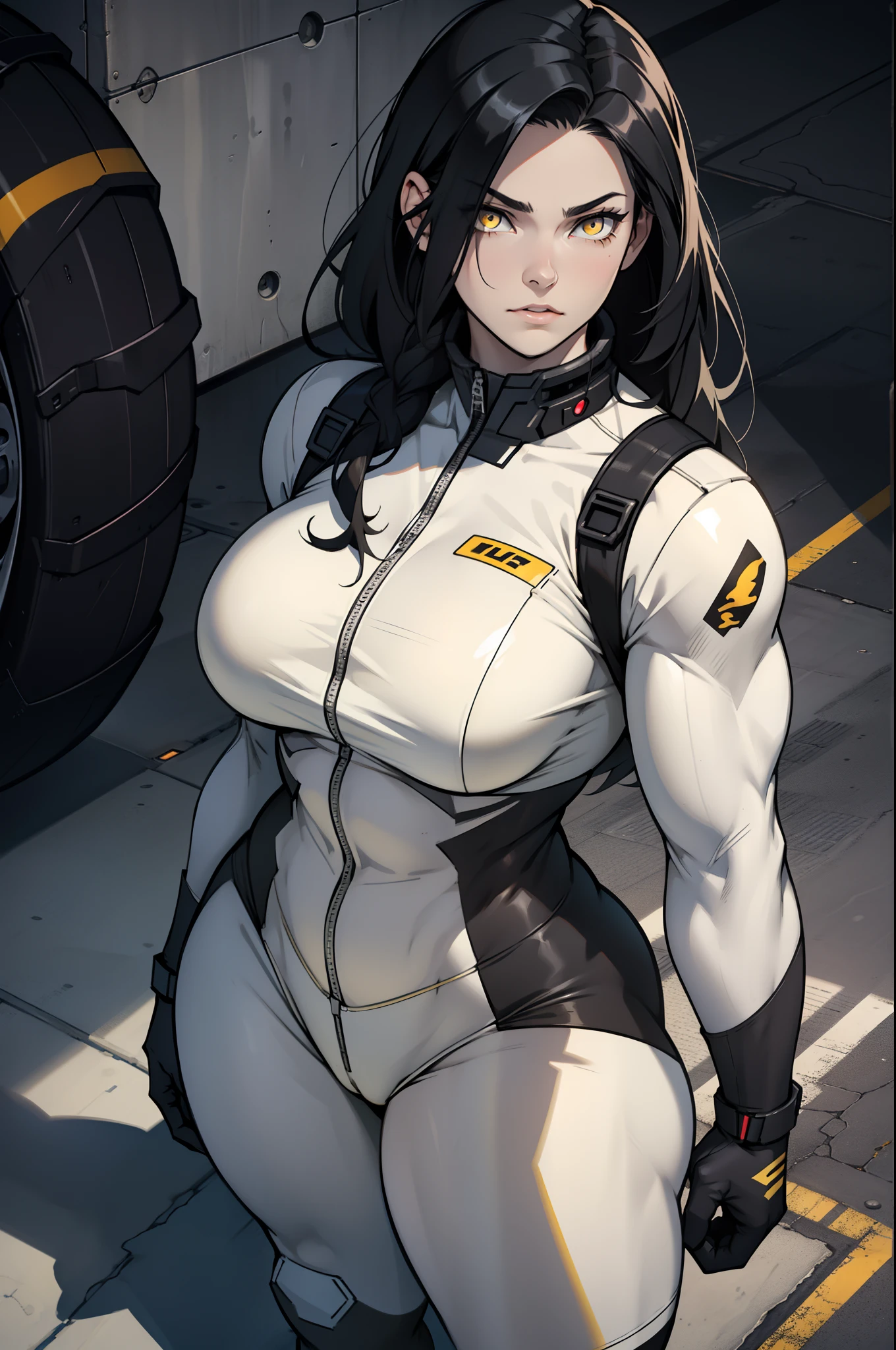 (((((1girl))))), black hair, extremely long hair, yellow eye, ((((((muscular)))))), (((huge breasts))), ((((thick thighs)))), solo, expressionless sad, (pale skin), cowboy shot, (((full bodysuit)))