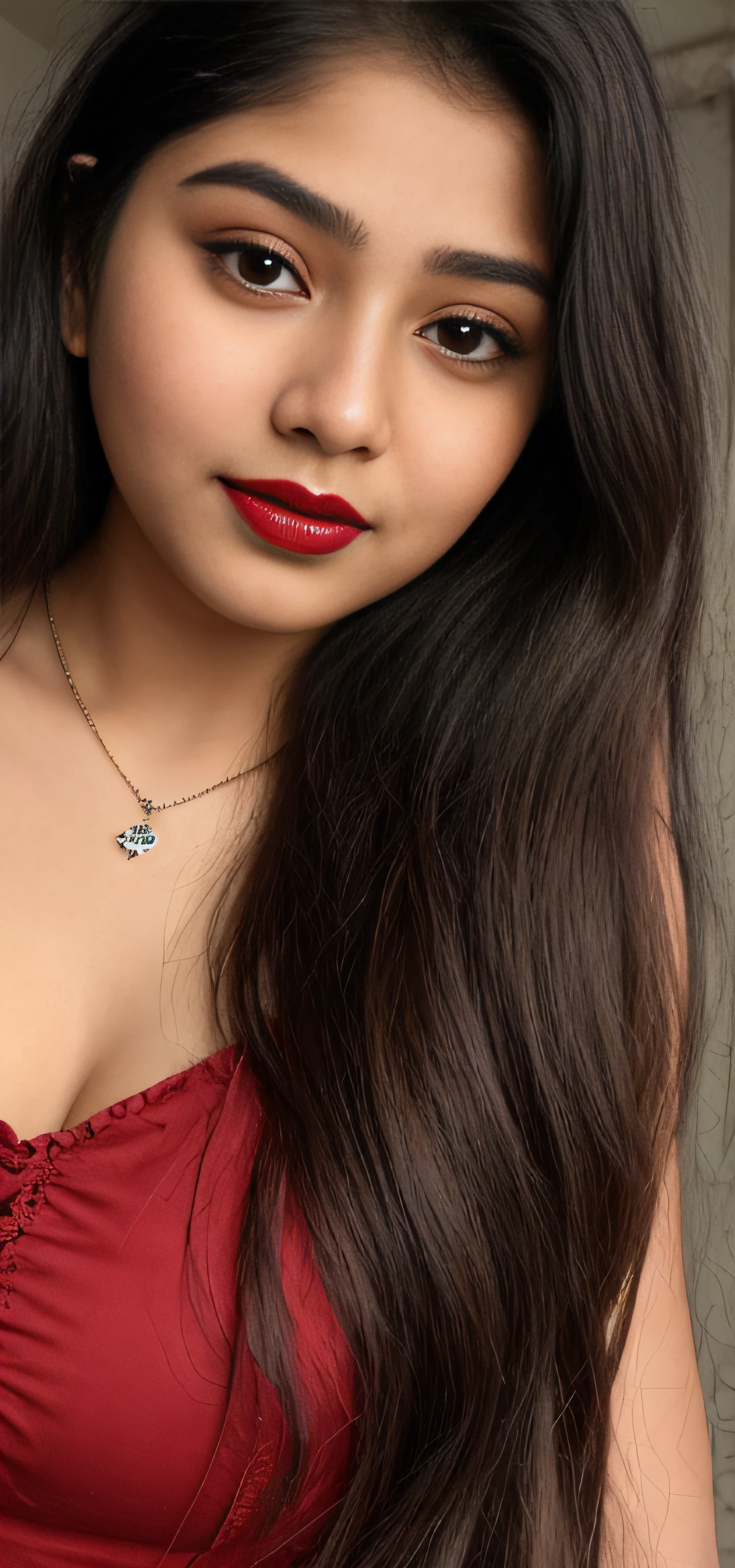 there is a woman with long hair and a necklace with a red lipstick, with accurate face, indian chubby aesthetic, very beautiful girl, beutiful face, with lovely look, cute beautiful, assamese, beuatiful face, with cute - fine - face, very beautiful enga style, 18 years old, very very very beautifull face, with kind face