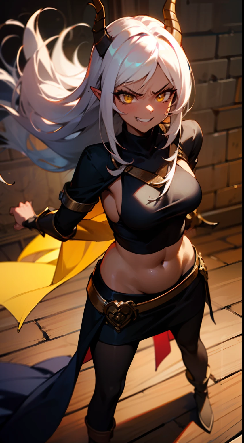 girl,(((dark skin))), hidden arms,long hair, white hair,curly hair,yellow eyes,(((villain,psycho,villain smile, psychopath, angry))), medium boobs,show belly,gold armor outfit, black small shirt,long black stockings, detailed clothes, masterpiece, hyper realistic, high definition,black horns,black pantyhose,elves ears,yellow scarf,(((standing inside of a castle)))