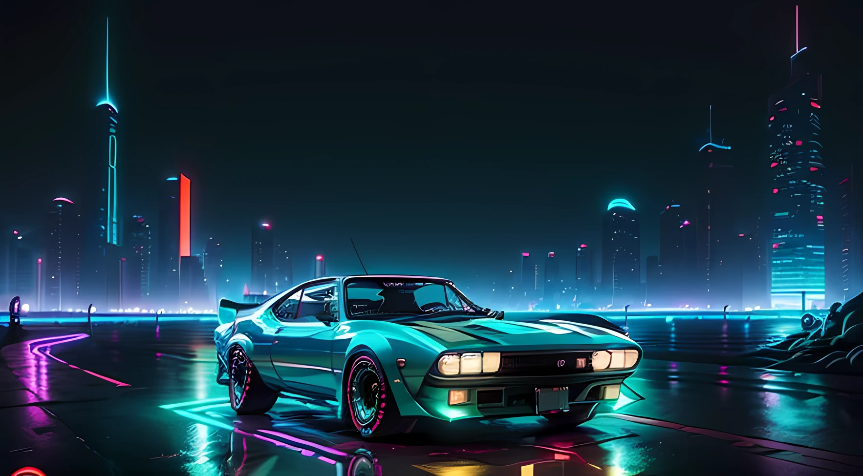 retrowave。城市， 1969 Nissan S30， wide body kit， pathway， green NEON MONITOR LIGHT， suns， mont，The Car。cyber punk perssonage，城市，road