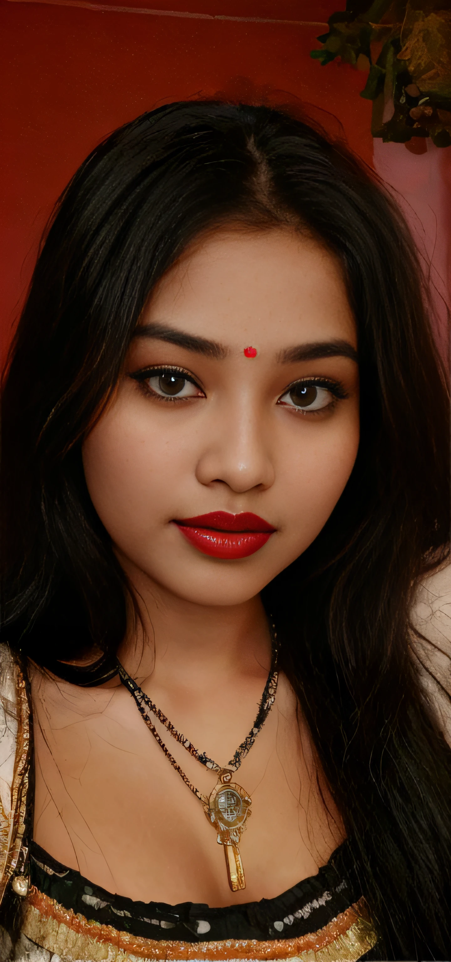 there is a woman with long hair and a necklace with a red lipstick, with accurate face, indian chubby aesthetic, very beautiful girl, beutiful face, with lovely look, cute beautiful, assamese, beuatiful face, with cute - fine - face, very beautiful enga style, 18 years old, very very very beautifull face, with kind face