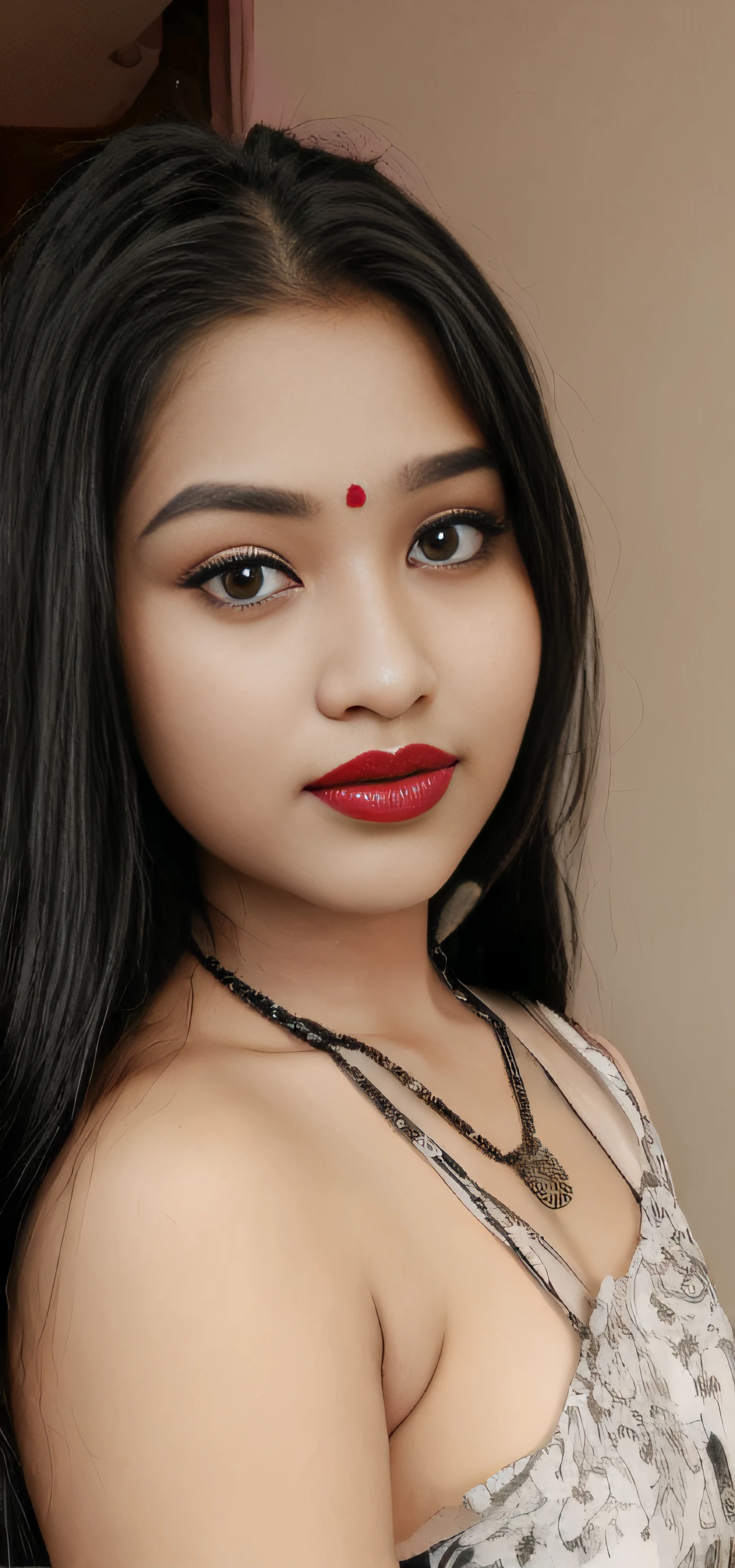 there is a woman with long hair and a necklace with a red lipstick, with accurate face, indian chubby aesthetic, very beautiful girl, beutiful face, with lovely look, cute beautiful, assamese, beuatiful face, with cute - fine - face, very beautiful enga style, 18 years old, very very very beautifull face, with kind face