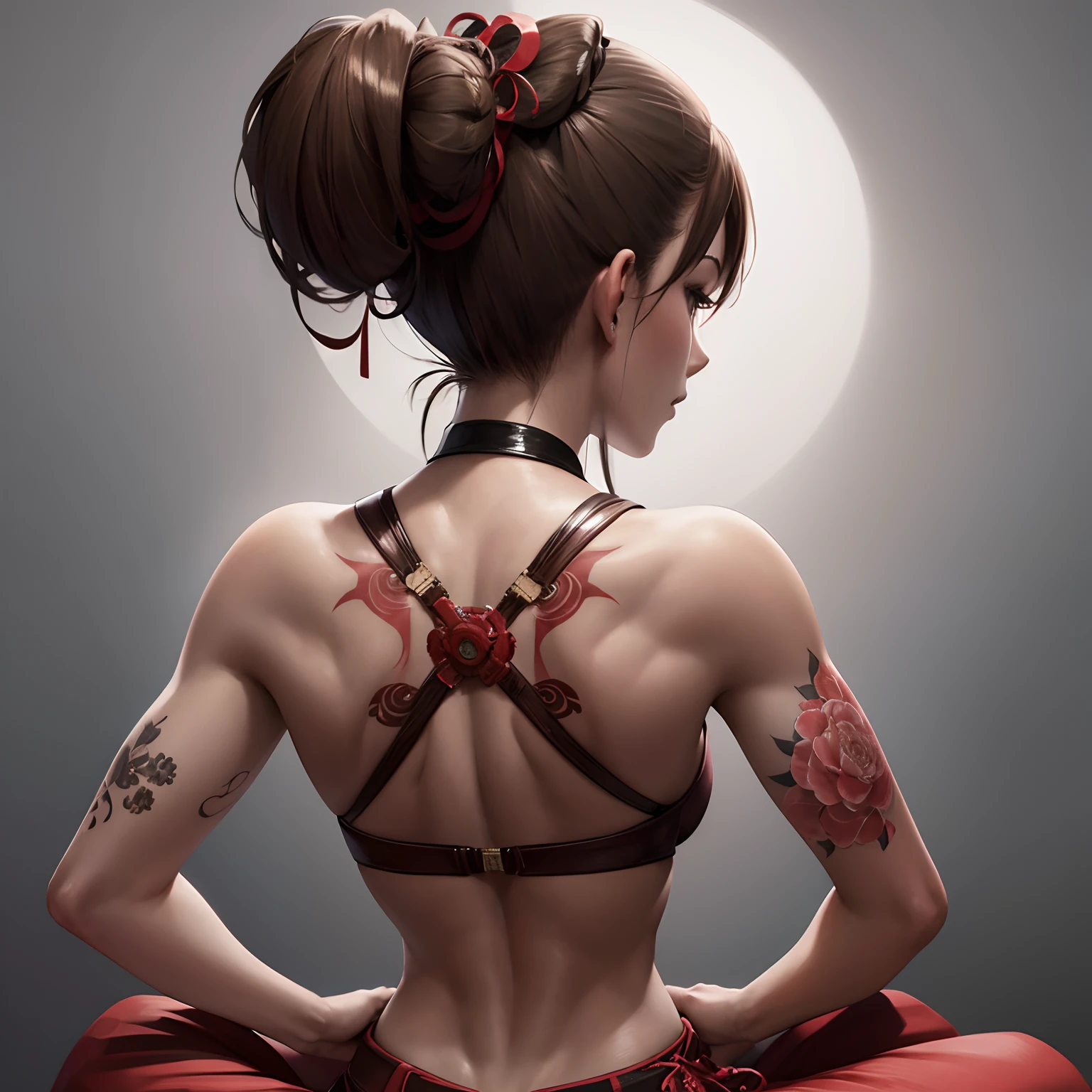 from behind, super high image, super detail, super high resolution, Japanese carving tattoo all over the back of a beautiful woman sitting cross-legged, light brown glossy ponytail, huge breasts, abs, armpit, professional lighting