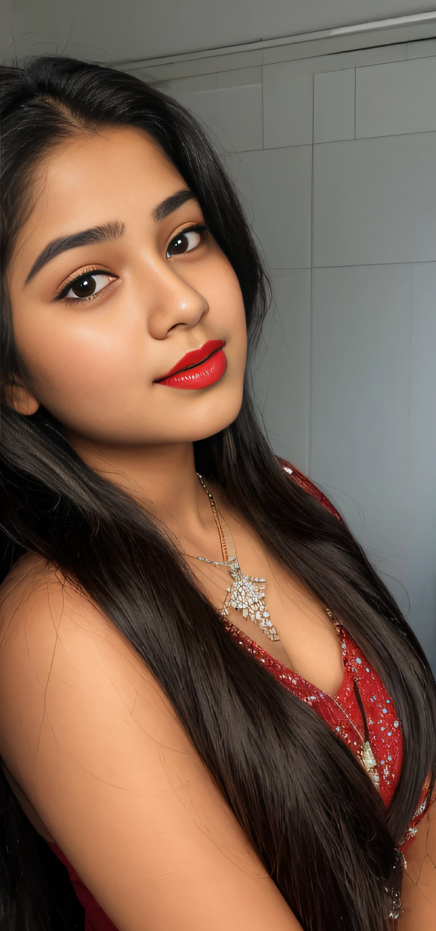 there is a woman with long hair and a necklace with a red lipstick, with accurate face, indian chubby aesthetic, very beautiful girl, beutiful face, with lovely look, cute beautiful, assamese, beuatiful face, with cute - fine - face, very beautiful enga style, 18 years old, very very very beautifull face, with kind face