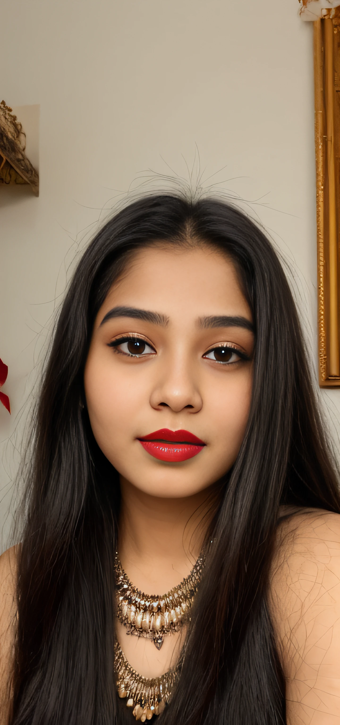 there is a woman with long hair and a necklace with a red lipstick, with accurate face, indian chubby aesthetic, very beautiful girl, beutiful face, with lovely look, cute beautiful, assamese, beuatiful face, with cute - fine - face, very beautiful enga style, 18 years old, very very very beautifull face, with kind face