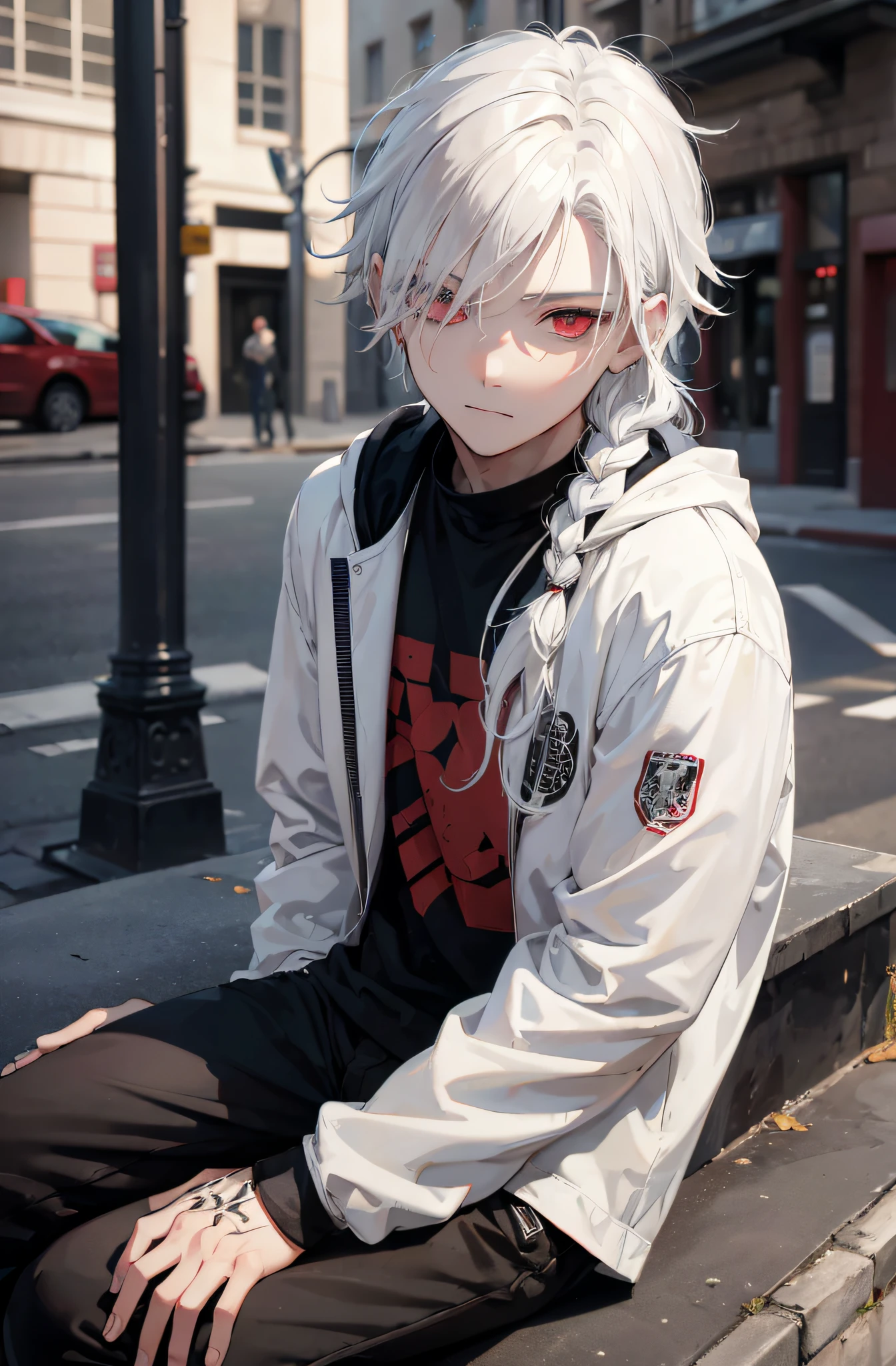 1boy, medium white hair, Red eyes, wearing black casual street clothes, city, high res, ultrasharp,8k, masterpiece, looking at viewer, handsome, high def hair , high def eyes, older look, sitting, hair slightly over eyes, emo, slightly messy hair, hair slightly covering one eye, french braided, anime style, tattoos