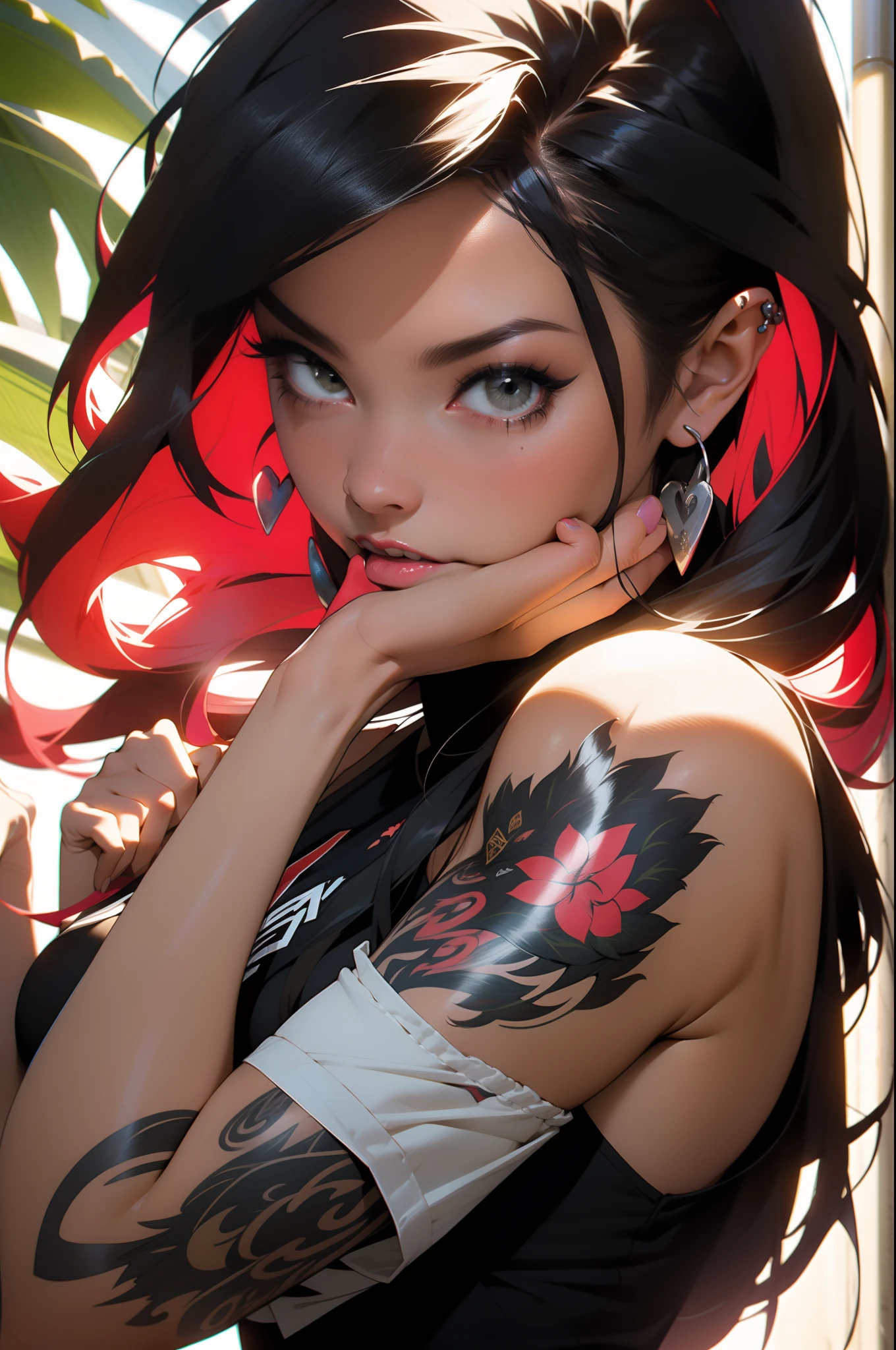 ((best quality)), ((masterpiece)), (detailed), perfect face, girl, long curly hair, red and black split hair color, face piercings, tattoos, stripper