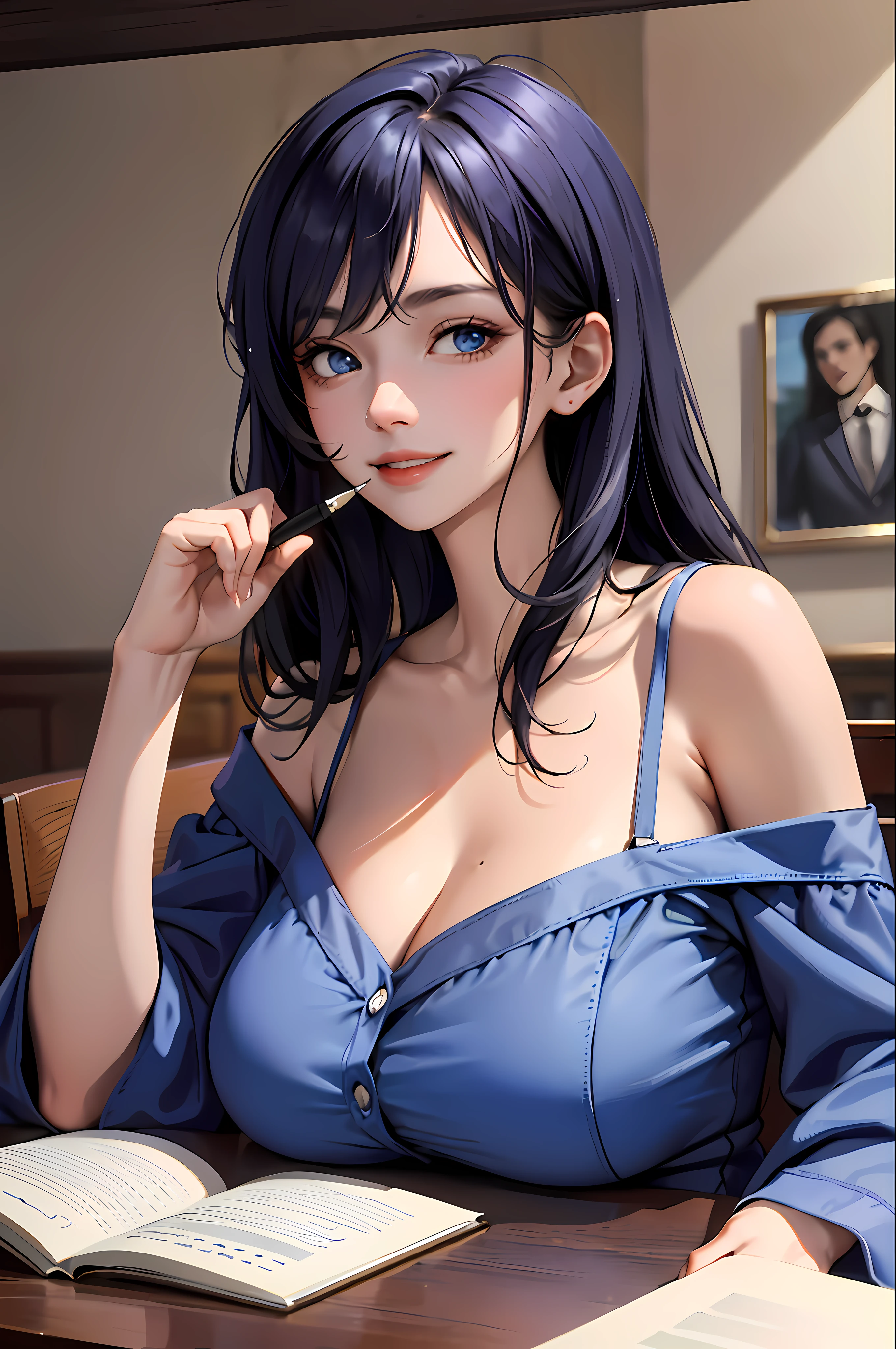 fantastic realism, bokeh, 1girl (30 years old), sitting in a library, reading, purple eyes, light blue dress, straight dark blue  hair, nsfw, beautifully detailed woman, beautifully detailed mouth, extremely detailed eyes and face, beautiful detailed eyes, Blunt Bangs