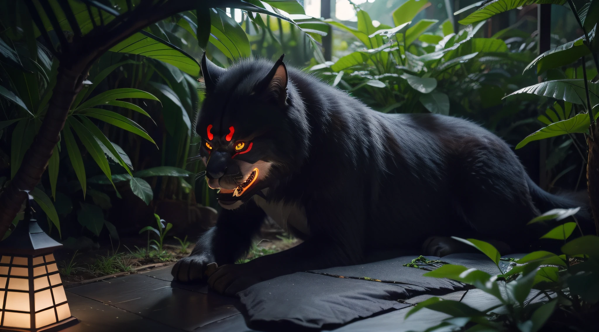 Samurai, oni evil mask, landscape, nature, of a dense jungle filled with exotic plants, sakura tree, beautiful lighting, masterpiece, best quality, highres, UHD, depth of field, 4k, RTX, HDR), hyper realistic, 8k UHD, DSLR, high quality, Cinematic light, Amazing, ray tracing, RAW photo, real, atmospheric light refracti, UHD, depth of field, 4k, RTX, HDR, hyper realistic, 8k UHD, DSLR, high quality, Cinematic light, Amazing, ray trace, realistic, photo-realistic,