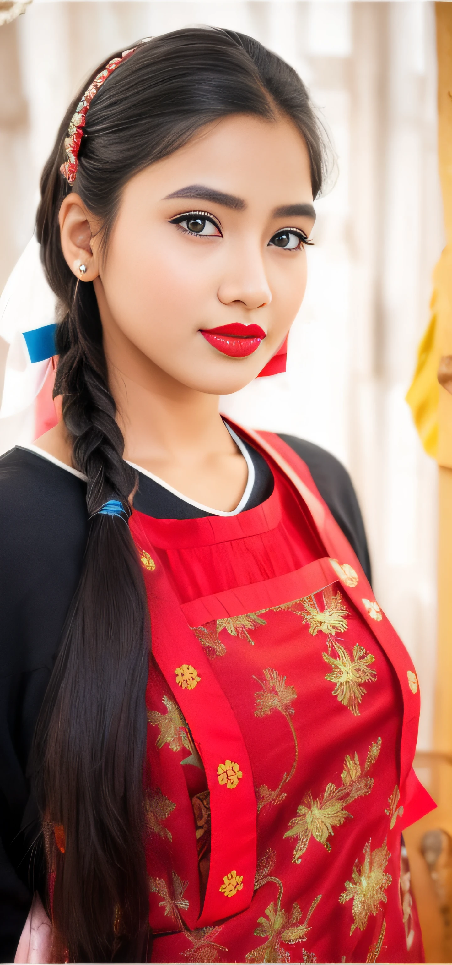 there is a young girl with a black apron and a red lipstick, very beautiful girl, very beautiful enga style, with lovely look, with accurate face, cute beautiful, assamese aesthetic, attractive girl, beutiful face, very beautiful photo, beuatiful face, beautiful cute, very very very beautifull face, very beautiful cute catgirl, beutifull