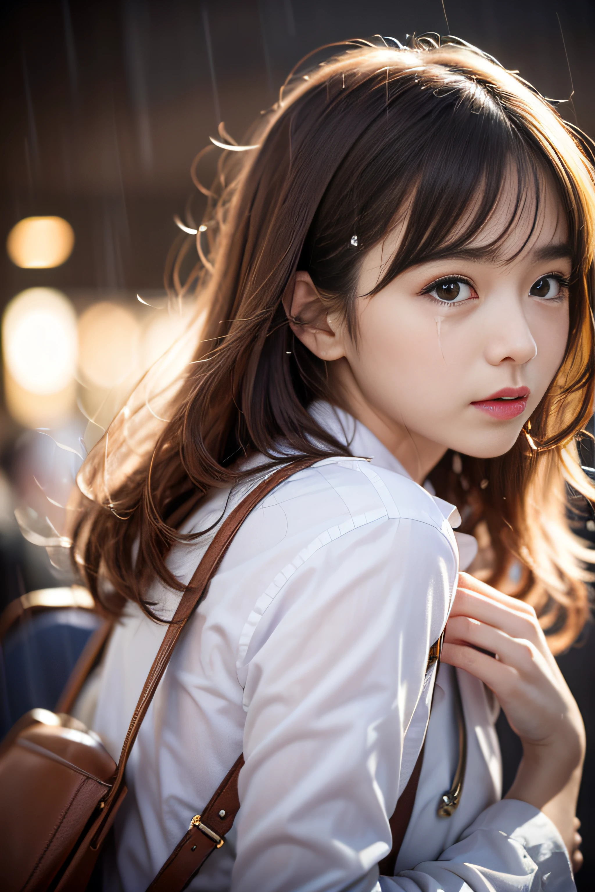 1girl in、(Super beauty)、Long brown wavy hair、(Heartbreak Travel)、(Tears:1.4)、Tokyo Station in the Rain、(beauitful face)、Shallow depth of field