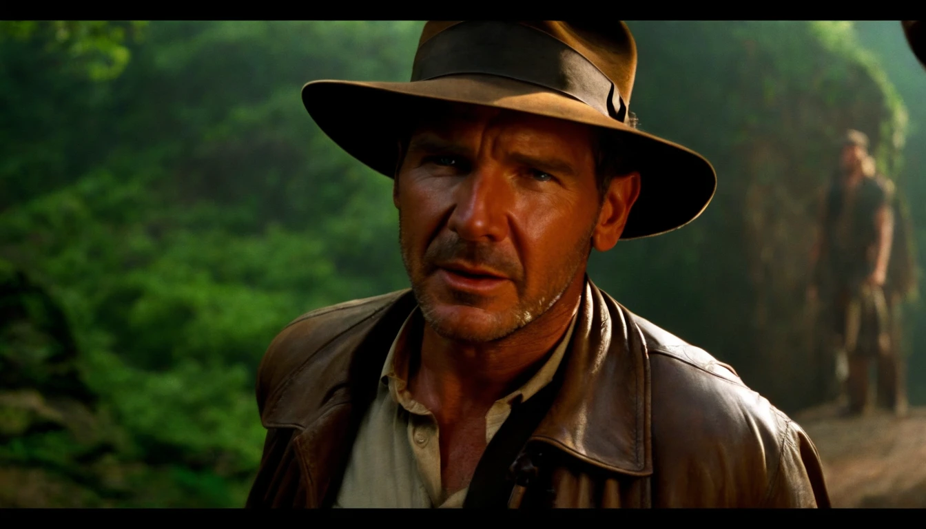 Indiana Jones, Rosto de Harrison Ford, em uma caverna , cercado de nativos, v4 , 8k , cinemactic, alta qualidade