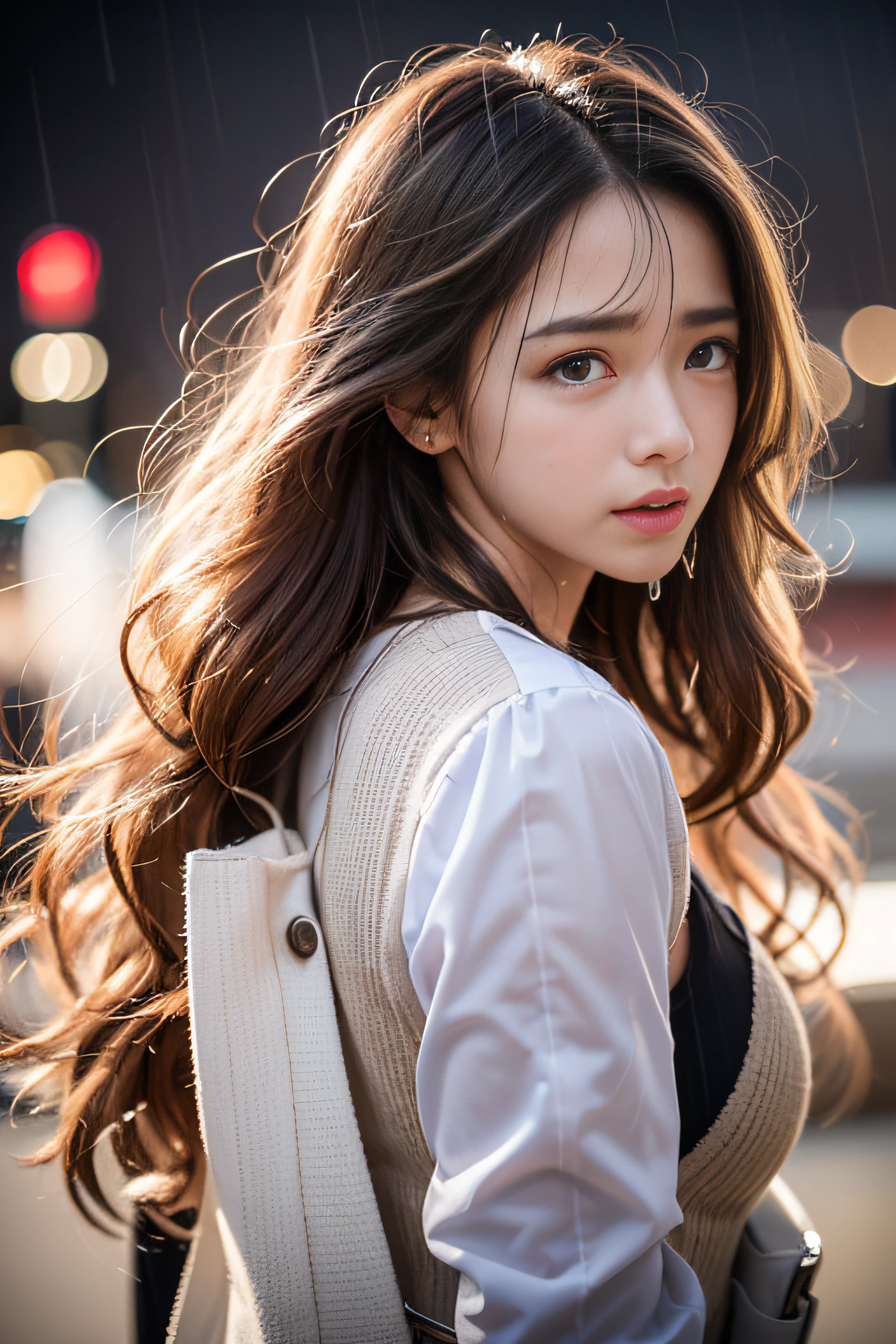 1girl in、(Super beauty)、Long brown wavy hair、(Heartbreak Travel)、(Tears:1.4)、Tokyo Station in the Rain、(beauitful face)、Shallow depth of field