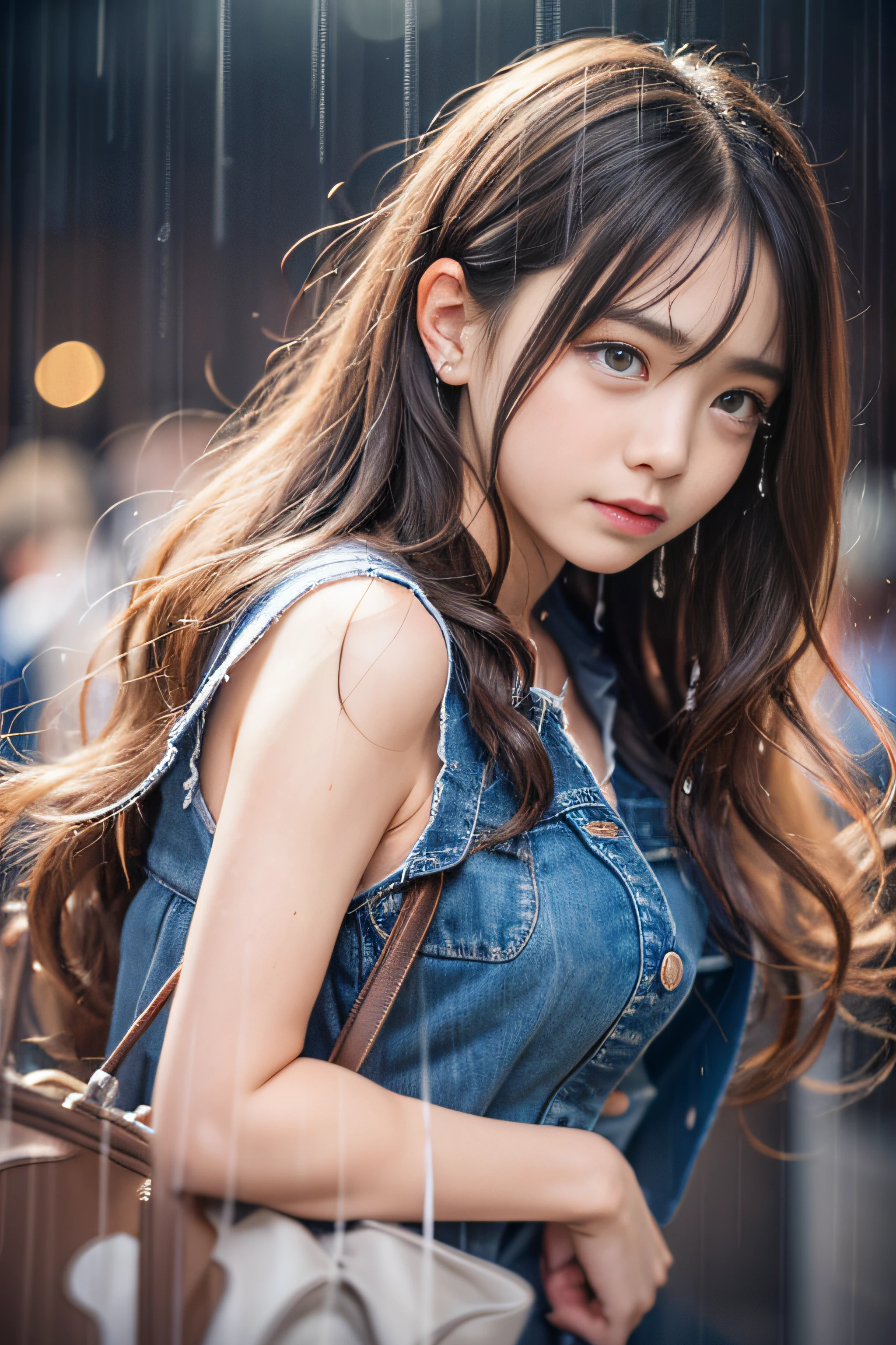1girl in、(Super beauty)、Long brown wavy hair、(Heartbreak Travel)、(Tears:1.4)、Tokyo Station in the Rain、(beauitful face)、Shallow depth of field