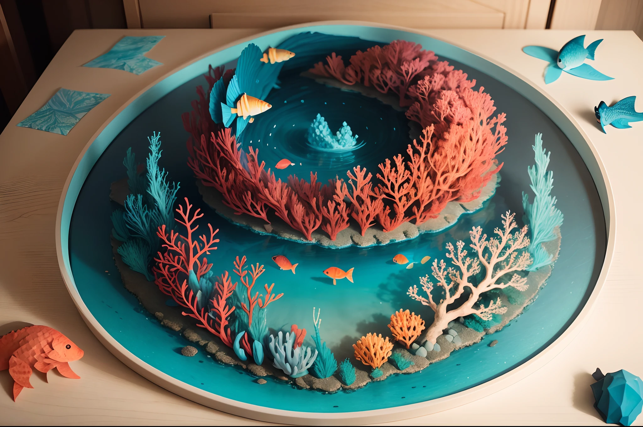 Paper cut, multi layered paper cut, kirigami, sea bed with fishes and corals, intrincate, highly detailed, colourfun, Lotte Rainiger, Victor Brauner influenced.