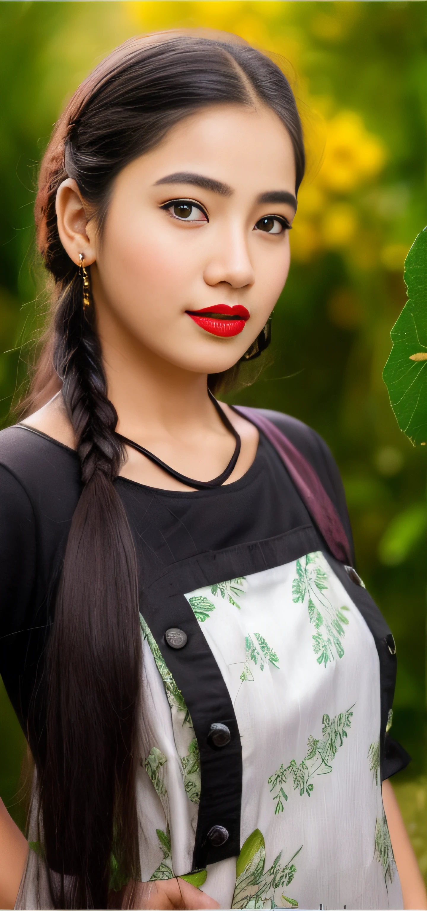 there is a young girl with a black apron and a red lipstick, very beautiful girl, very beautiful enga style, with lovely look, with accurate face, cute beautiful, assamese aesthetic, attractive girl, beutiful face, very beautiful photo, beuatiful face, beautiful cute, very very very beautifull face, very beautiful cute catgirl, beutifull