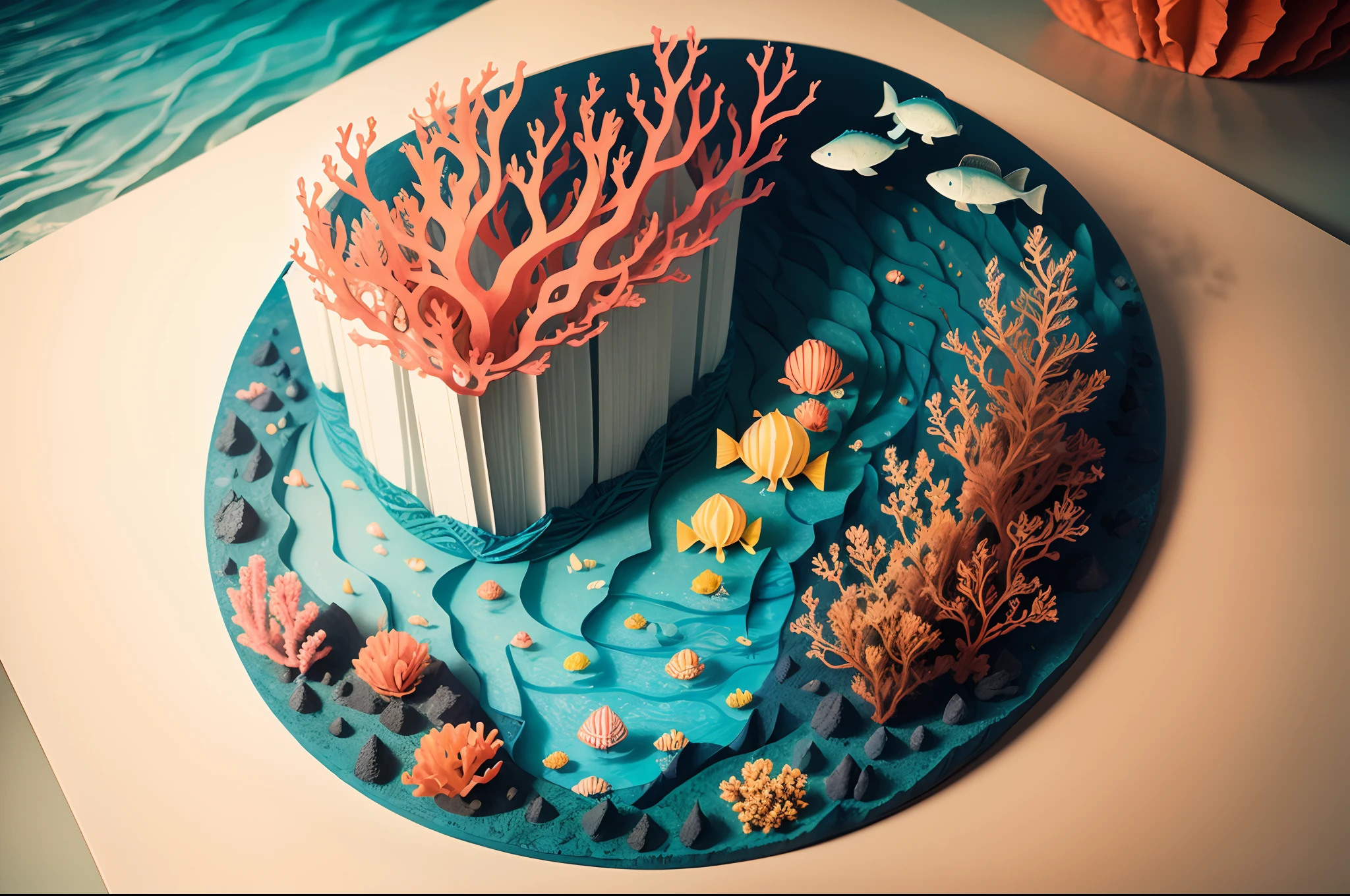 Paper cut, multi layered paper cut, kirigami, sea bed with fishes and corals, intrincate, highly detailed, colourfun, Lotte Rainiger, Victor Brauner influenced.