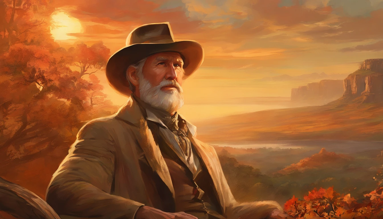 Painting of a man in a hat and jacket sitting in a chair, inspirado por Drew Struzan, arte estilo drew struzan, Indiana Jones, drew struzan inspiration, Artwork by Drew Struzan, Martin then, Retrato da obra, Directed by: Drew Struzan, harrison ford, Indiana Jones, Drew Struzan. epics, inspirado em William Mossman, inspirado em James Gurney