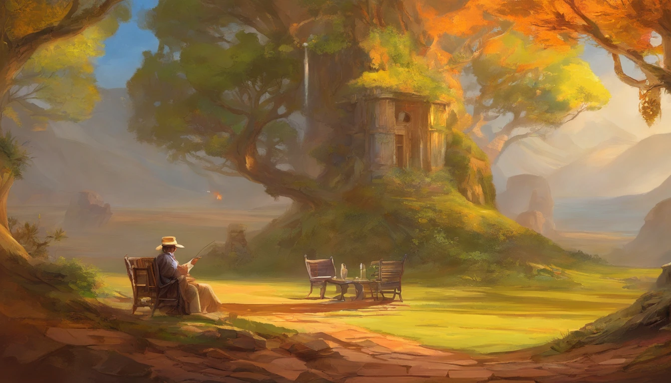 Painting of a man in a hat and jacket sitting in a chair, inspirado por Drew Struzan, arte estilo drew struzan, Indiana Jones, drew struzan inspiration, Artwork by Drew Struzan, Martin then, Retrato da obra, Directed by: Drew Struzan, harrison ford, Indiana Jones, Drew Struzan. epics, inspirado em William Mossman, inspirado em James Gurney