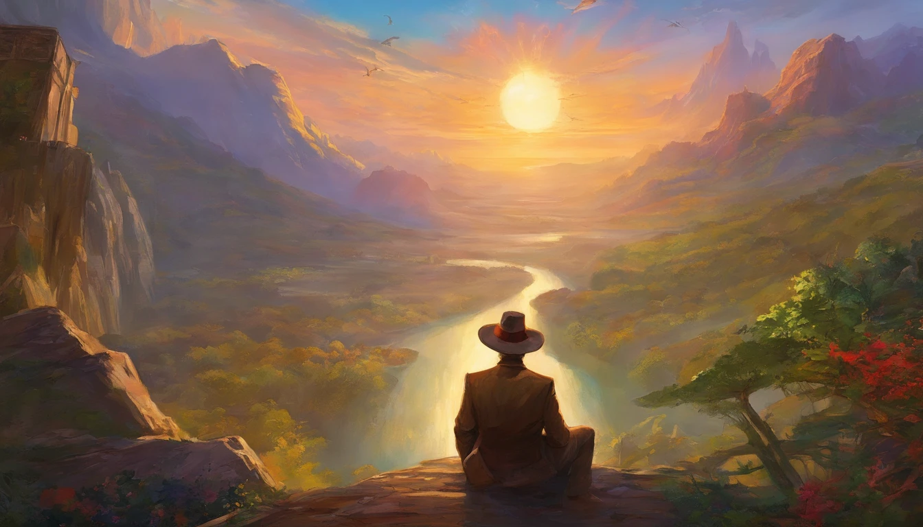 Painting of a man in a hat and jacket sitting in a chair, inspirado por Drew Struzan, arte estilo drew struzan, Indiana Jones, drew struzan inspiration, Artwork by Drew Struzan, Martin then, Retrato da obra, Directed by: Drew Struzan, harrison ford, Indiana Jones, Drew Struzan. epics, inspirado em William Mossman, inspirado em James Gurney