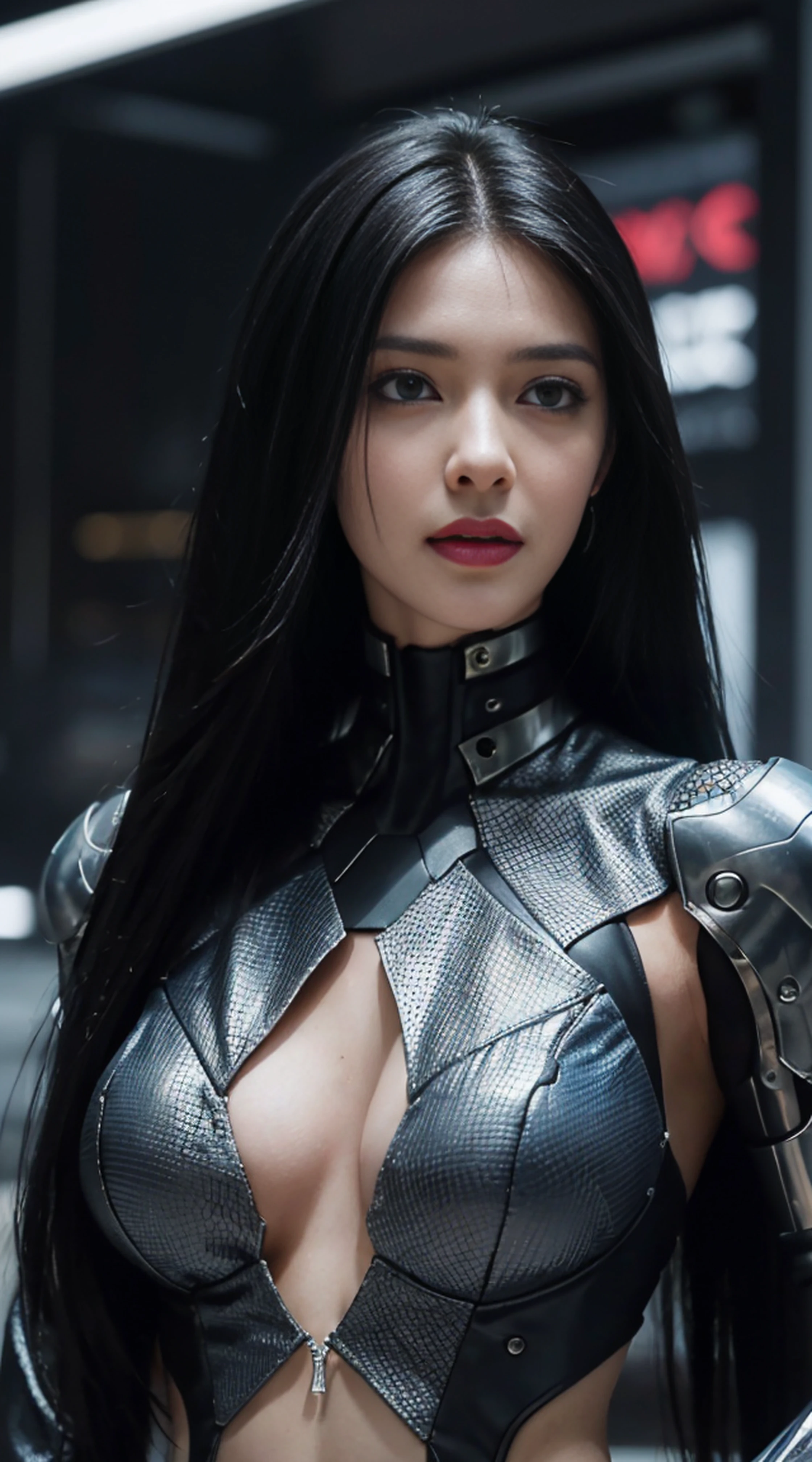 8K, Top Quality, Intricate Details, Ultra Detail, Ultra High Resolution, Masterpiece, , Slender, Smile, (Makeup: 0.4), (Fluffy Blue Eyes: 1.21), blue Eyes,, ((full body)), 1girl, solo, 1 girl, (( full body)), close-up shot, standing , , ((tall)), (((fit body))), (((slim face))), sharp face, sharp eyes, ((( black hair, long hair ))), (detailed face), sharp face, small lips, thin lips,
(( cyberpunk female, woman in a futuristic suit )), detailed face, detailed breast, , large breast, detail, , Beautiful girl with accentuated slender abs: 1.4, Six Pack Abs: 1.4, Bust Botox, Big, Perfect Body, detail leg, ), cyberpunk background,
