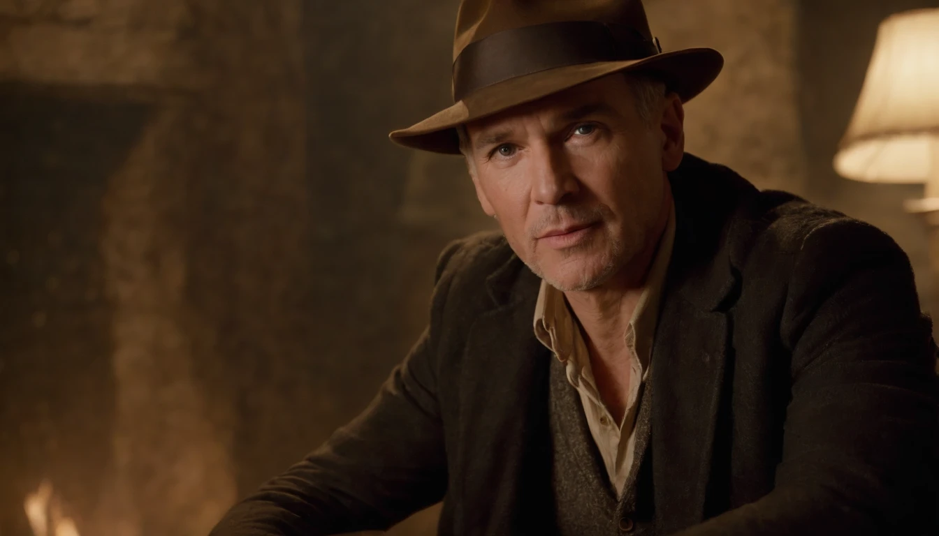 Painting of a man in a hat and jacket sitting in a chair, inspirado por Drew Struzan, arte estilo drew struzan, Indiana Jones, drew struzan inspiration, Artwork by Drew Struzan, Martin then, Retrato da obra, Directed by: Drew Struzan, harrison ford, Indiana Jones, Drew Struzan. epics, inspirado em William Mossman, inspirado em James Gurney