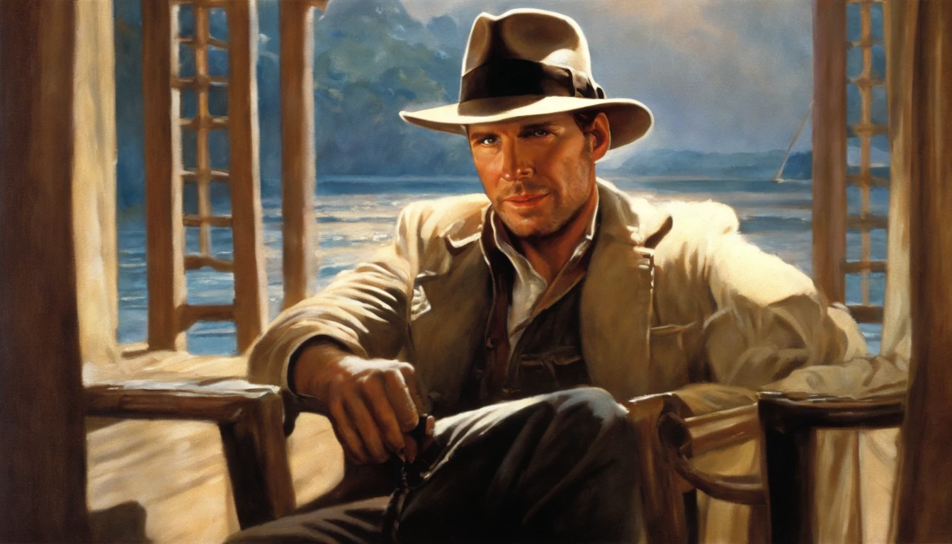 Painting of a man in a hat and jacket sitting in a chair, inspirado por Drew Struzan, arte estilo drew struzan, Indiana Jones, drew struzan inspiration, Artwork by Drew Struzan, Martin then, Retrato da obra, Directed by: Drew Struzan, harrison ford, Indiana Jones, Drew Struzan. epics, inspirado em William Mossman, inspirado em James Gurney
