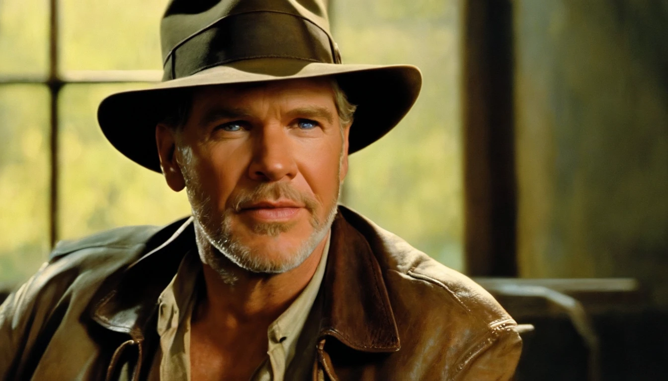 Painting of a man in a hat and jacket sitting in a chair, inspirado por Drew Struzan, arte estilo drew struzan, Indiana Jones, drew struzan inspiration, Artwork by Drew Struzan, Martin then, Retrato da obra, Directed by: Drew Struzan, harrison ford, Indiana Jones, Drew Struzan. epics, inspirado em William Mossman, inspirado em James Gurney