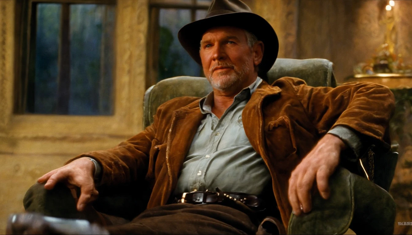 Painting of a man in a hat and jacket sitting in a chair, inspirado por Drew Struzan, arte estilo drew struzan, Indiana Jones, drew struzan inspiration, Artwork by Drew Struzan, Martin then, Retrato da obra, Directed by: Drew Struzan, harrison ford, Indiana Jones, Drew Struzan. epics, inspirado em William Mossman, inspirado em James Gurney