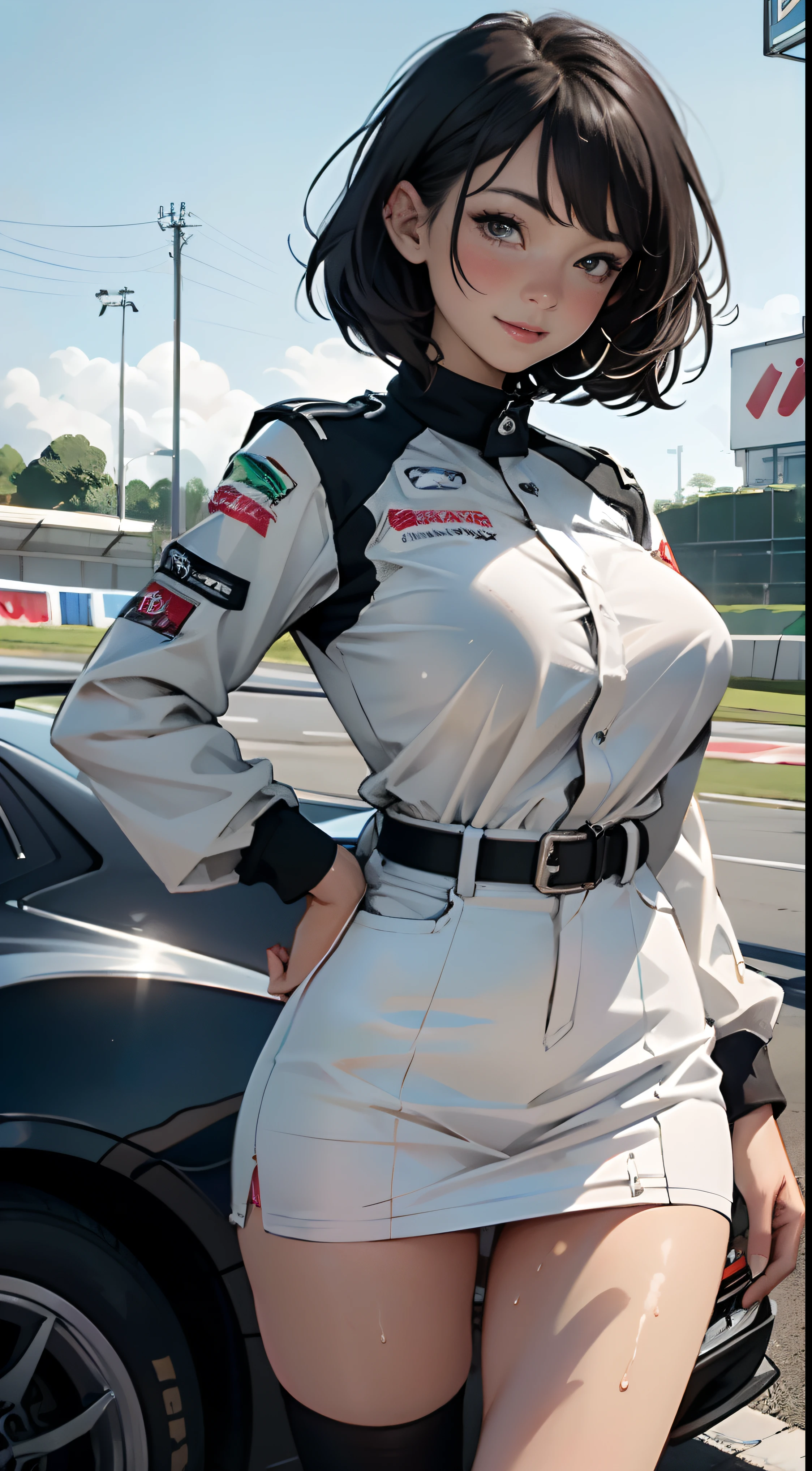 1girl huge large breasts,、((top-quality)), ((masterpiece)), 、A smile、 Pitch Resuit、Colossal tits、Puffy nipple、 knee high、Naughty face、 knee high white、Adult Woman、(cum in vaginas:1.3)、cum in mouth、( G-string to overflow:1.5)、 Sobbing tears、、 short-cut、see through White One Piece Checkered Mini Skirt、dress lift、l、Race Queen、A slender、 , masterpaintings, best qualtiy, Photorealsitic, ultra-detailliert, (shiny skins, perspired:1.4), Look at the big crowd, With short black hair, Brown-eyed,slender,dynamic light and shadow,hight resolution,Sharp Focus,depth of view,The eyes are delicate,Sharp pupils,pupil realistic,(Colossal tits),、A slender、(thick thight),outside of house,Skysky、、grid girl, underboob, wet_clothes, Wearing a grid_girl outfit with sponsor's logo printed, (standing in a motorsport racing)+,, left hand on waist