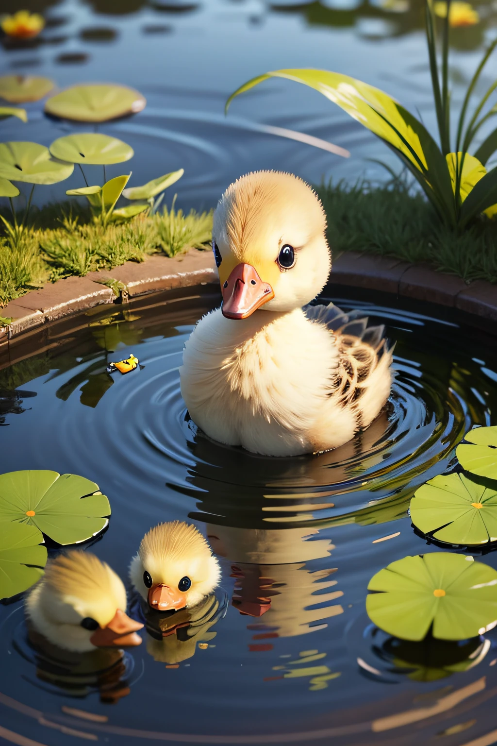 very sad baby duck in the pond