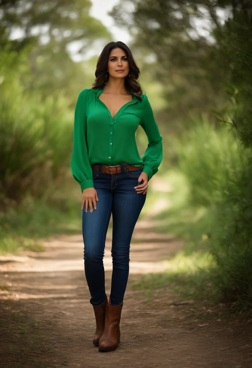 garota morena de longos cabelos ruivos sem fraja utilizando uma camisa verde claro,jeans and boots