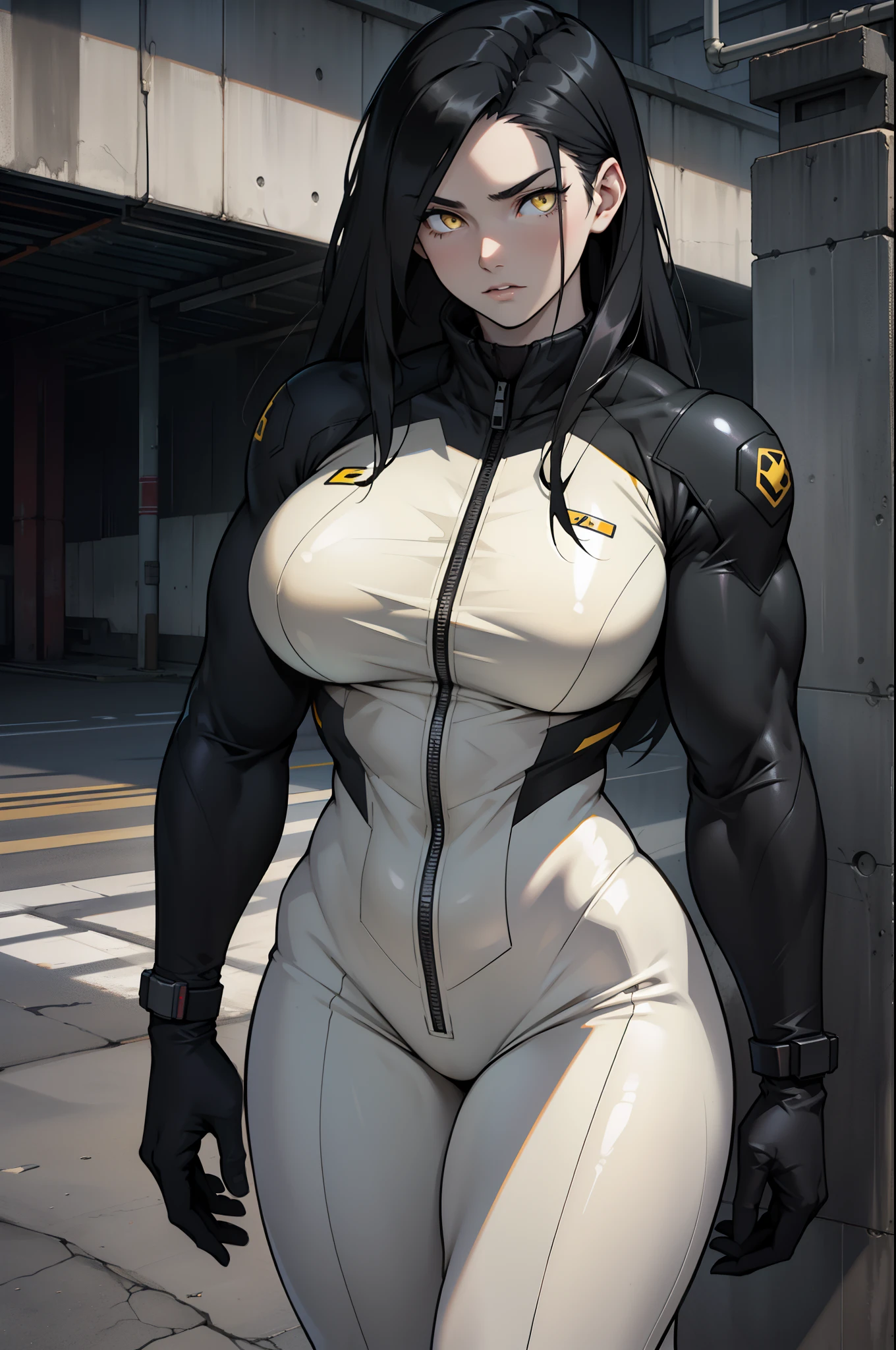 (bodybuilder) pale skin yellow eyes black hair very long hair 1girl huge breasts dark atmosphere thick thighs grey background one-piece swimsuit angry