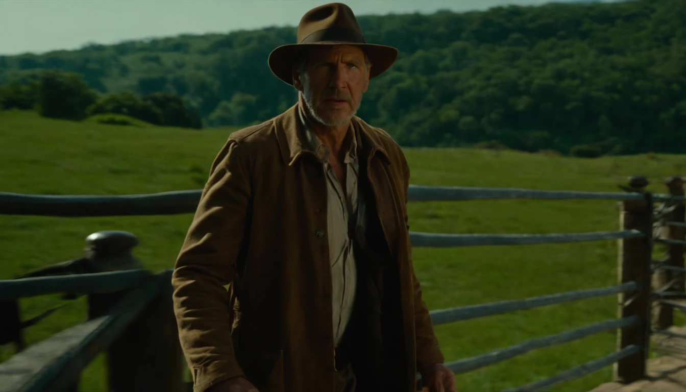 Araffe man in brown jacket and hat walking across a bridge, Harrison Ford de Indiana Jones, Indiana Jones, Eu vou Harrison, ainda de um filme live action, Filme 4k ainda, Filme 4K ainda, an epic western, ainda do filme, 8 k filme ainda, filme promocional ainda, 2017, 2 0 1 5