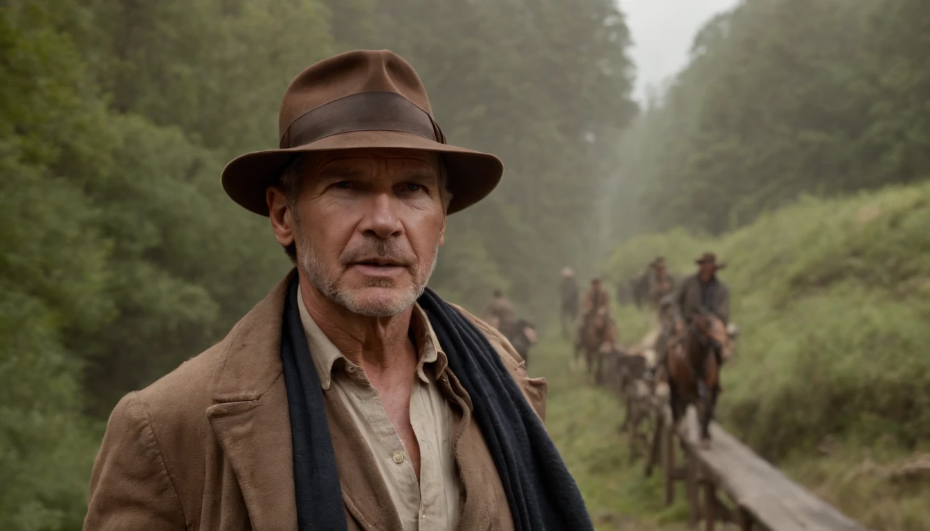Araffe man in brown jacket and hat walking across a bridge, Harrison Ford de Indiana Jones, Indiana Jones, Eu vou Harrison, ainda de um filme live action, Filme 4k ainda, Filme 4K ainda, an epic western, ainda do filme, 8 k filme ainda, filme promocional ainda, 2017, 2 0 1 5