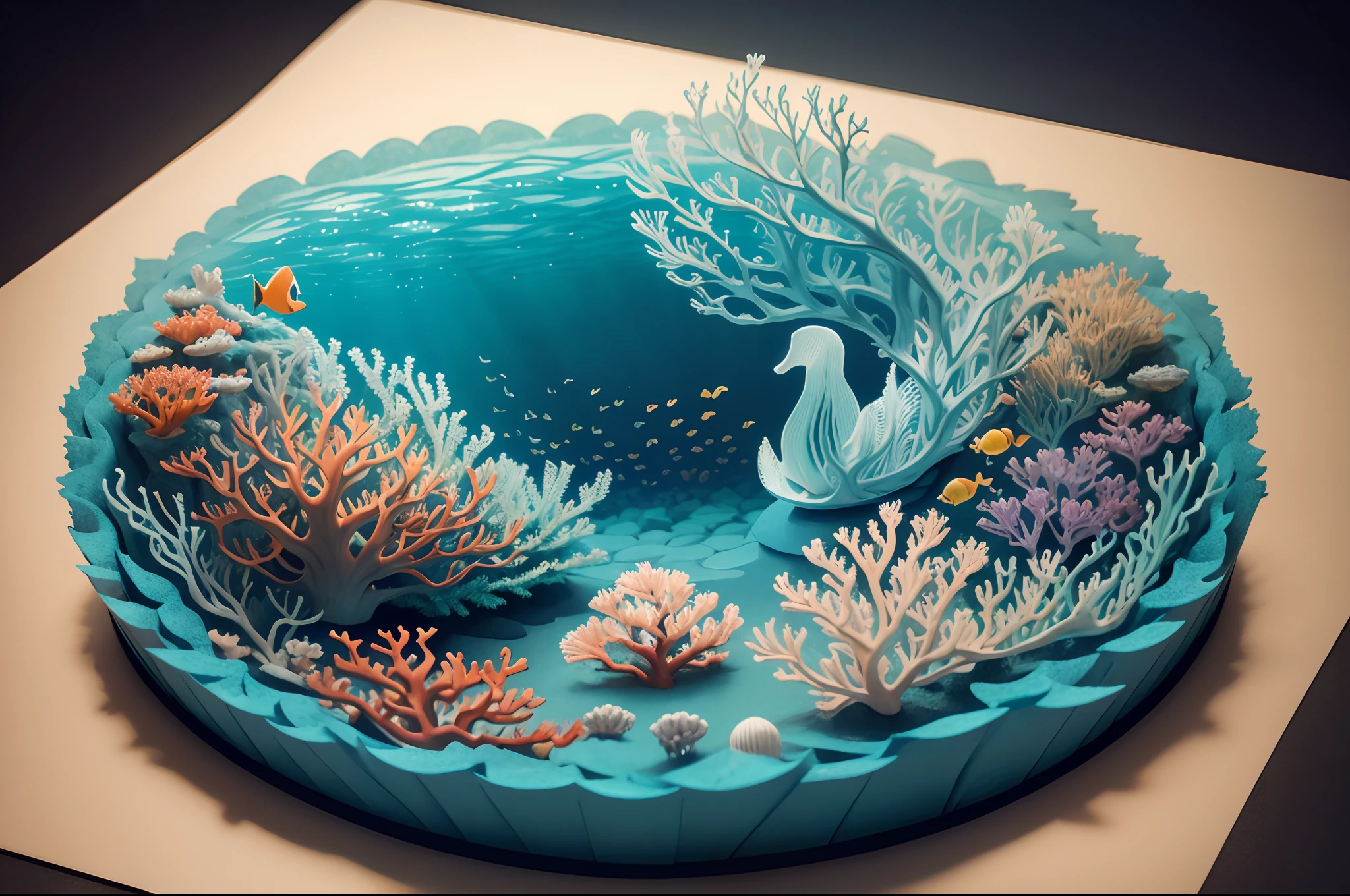 Paper cut, multi layered paper cut, kirigami, sea bed with fishes and corals, intrincate, highly detailed, colourfun, Lotte Rainiger, Victor Brauner influenced.