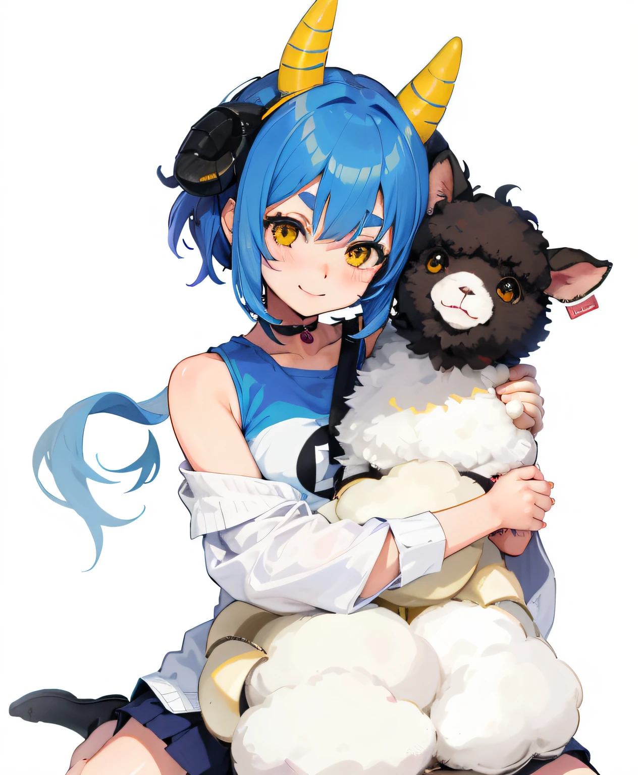 Anime style, smiling  girl, Girl hugging stuffed sheep in pasture, Blue Short Twin Tail, 20yr old, There is only one horn in the left head, however、no other, Yellow thick eyebrows, Ears are not human ears, But sheep's ears, sitting on　Taken from the right　cute little　Hair is short