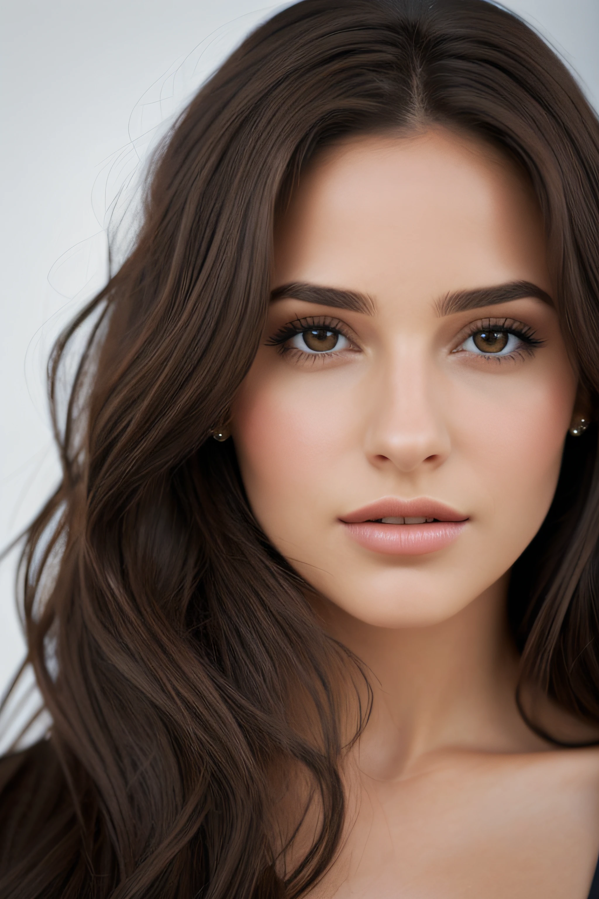 1mujer, (realista:1), brown hair, Cabello largo, ojos negros, feliz
