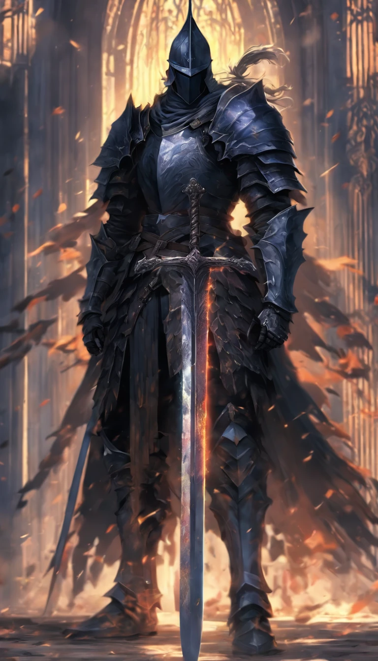 Anime character with sword standing in front of a building, fallen knight, de arcavalos, gothic knight, cavaleiro do mal, O estilo do WLOP, cavaleiro da fantasia, cavalo, imperador real, cavaleiro das almas das trevas, armadura banhada off-white, usando armadura pesada com capa, black heavy armor with gold trim, arte cg anime suave, ARTORIAS, Espada Brilhante