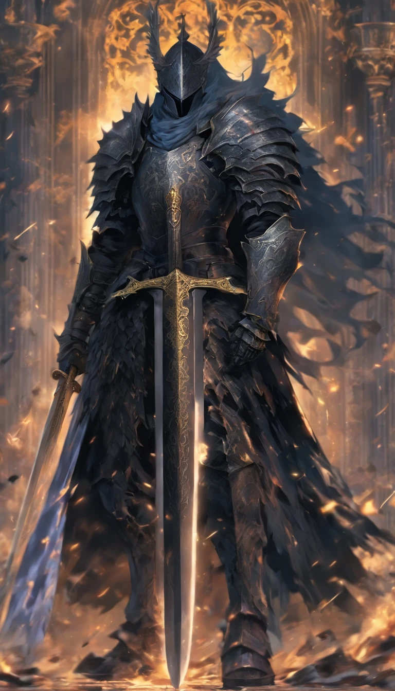 Anime character with sword standing in front of a building, fallen knight, de arcavalos, gothic knight, cavaleiro do mal, O estilo do WLOP, cavaleiro da fantasia, cavalo, imperador real, cavaleiro das almas das trevas, armadura banhada off-white, usando armadura pesada com capa, black heavy armor with gold trim, arte cg anime suave, ARTORIAS, Espada Brilhante