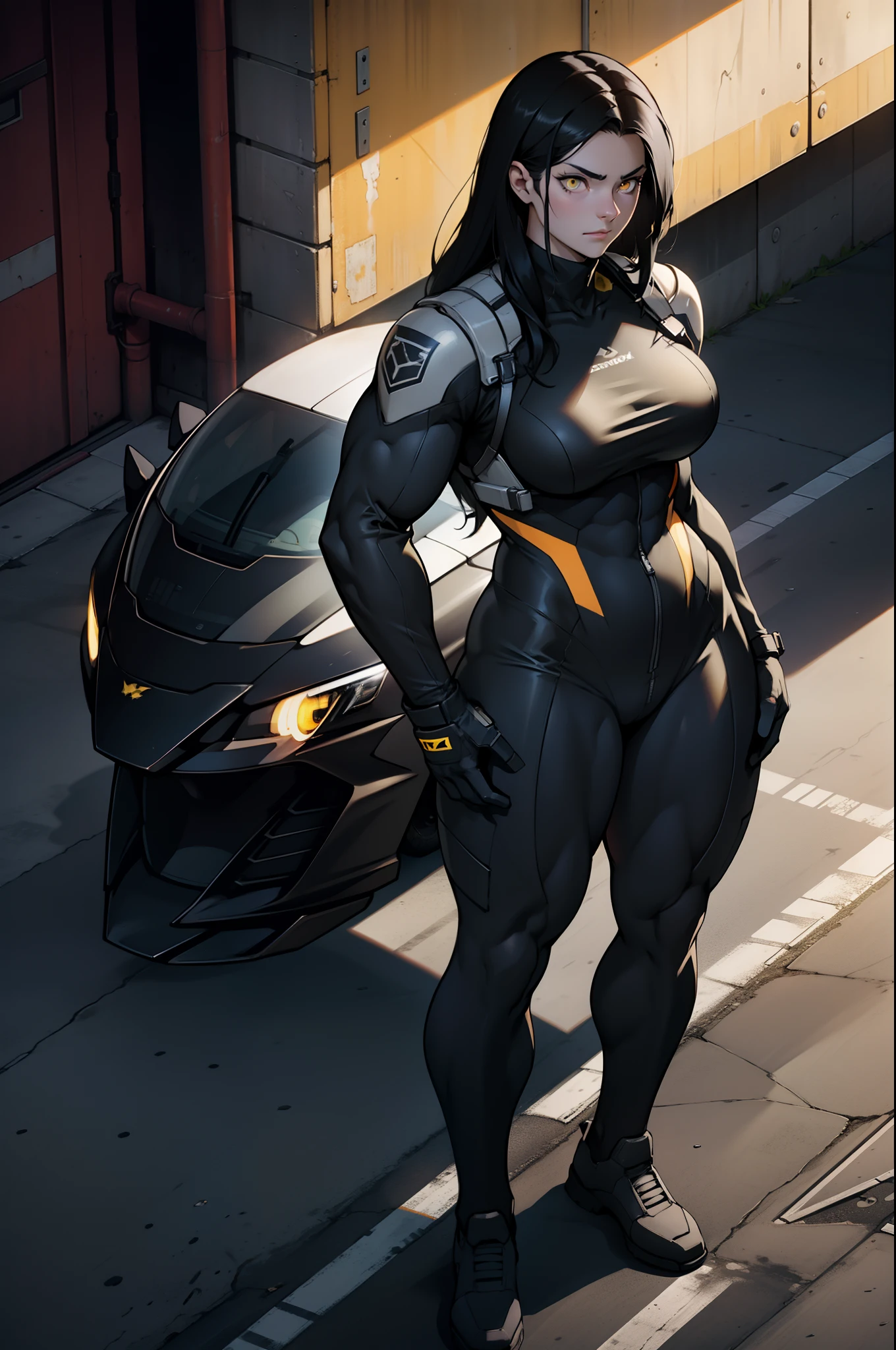 1 girl, black hair, yellow eyes, very long hair, pale skin, ((((extremely muscular)))), large breasts, curvy, concrete, shadow, dark atmosphere, (pilot suit), car