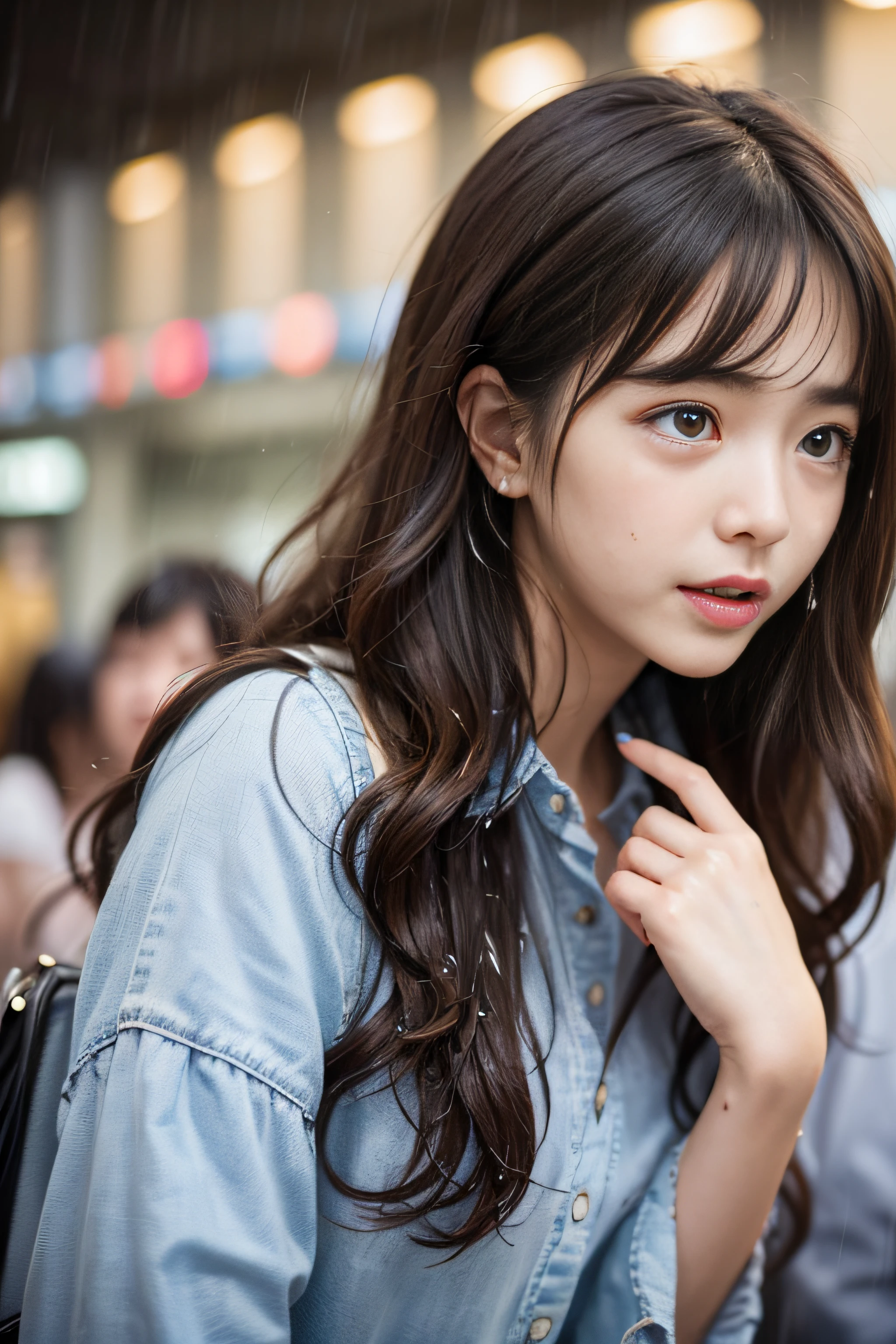 1girl in、(Super beauty)、Long brown wavy hair、(Heartbreak Travel)、(Tears:1.4)、Tokyo Station in the Rain、(beauitful face)、Shallow depth of field