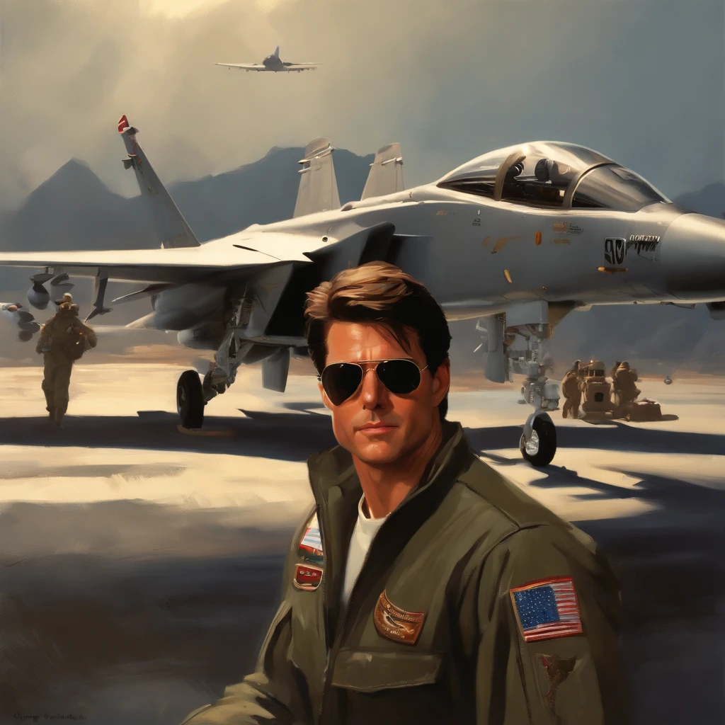 Tom Cruise of Top Gun, vhs effect, (poster: 1.2), poster on the wall, nostalgia, movie poster, (skin texture), intricately detailed, fine details, hyperdetailed, ray tracing, subsurface scattering, diffuse soft lighting, F-14 Tomcat airplanes detailed in the background, shallow depth of field, by (Oliver Wetter) majestic professional oil painting by Ed Blinkey, Atey Ghailan, Studio Ghibli, by Jeremy Mann, Greg Manchess, Antonio Moro, trend at ArtStation, trend at CGSociety, Intricate, High Detail, Sharp focus, dramatic painting and photorealistic art of (greg rutkowski:1.4), bokeh