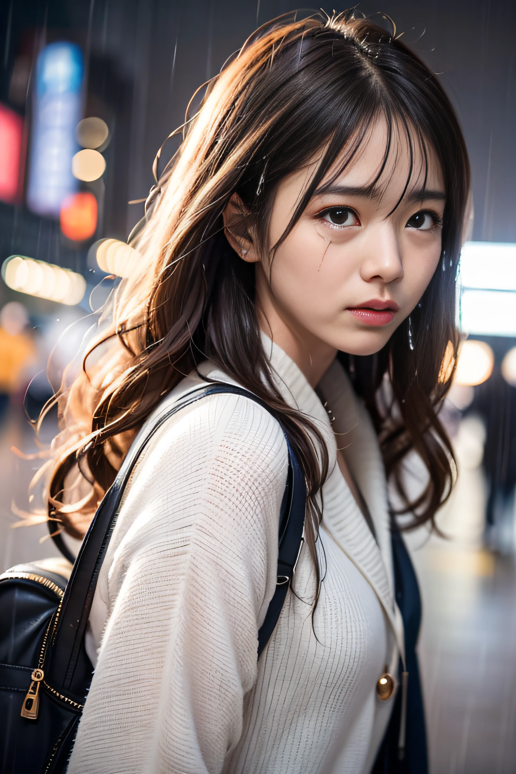 1girl in、(Super beauty)、Long brown wavy hair、(Heartbreak Travel)、(Tears:1.4)、Tokyo Station in the Rain、(beauitful face)、Shallow depth of field