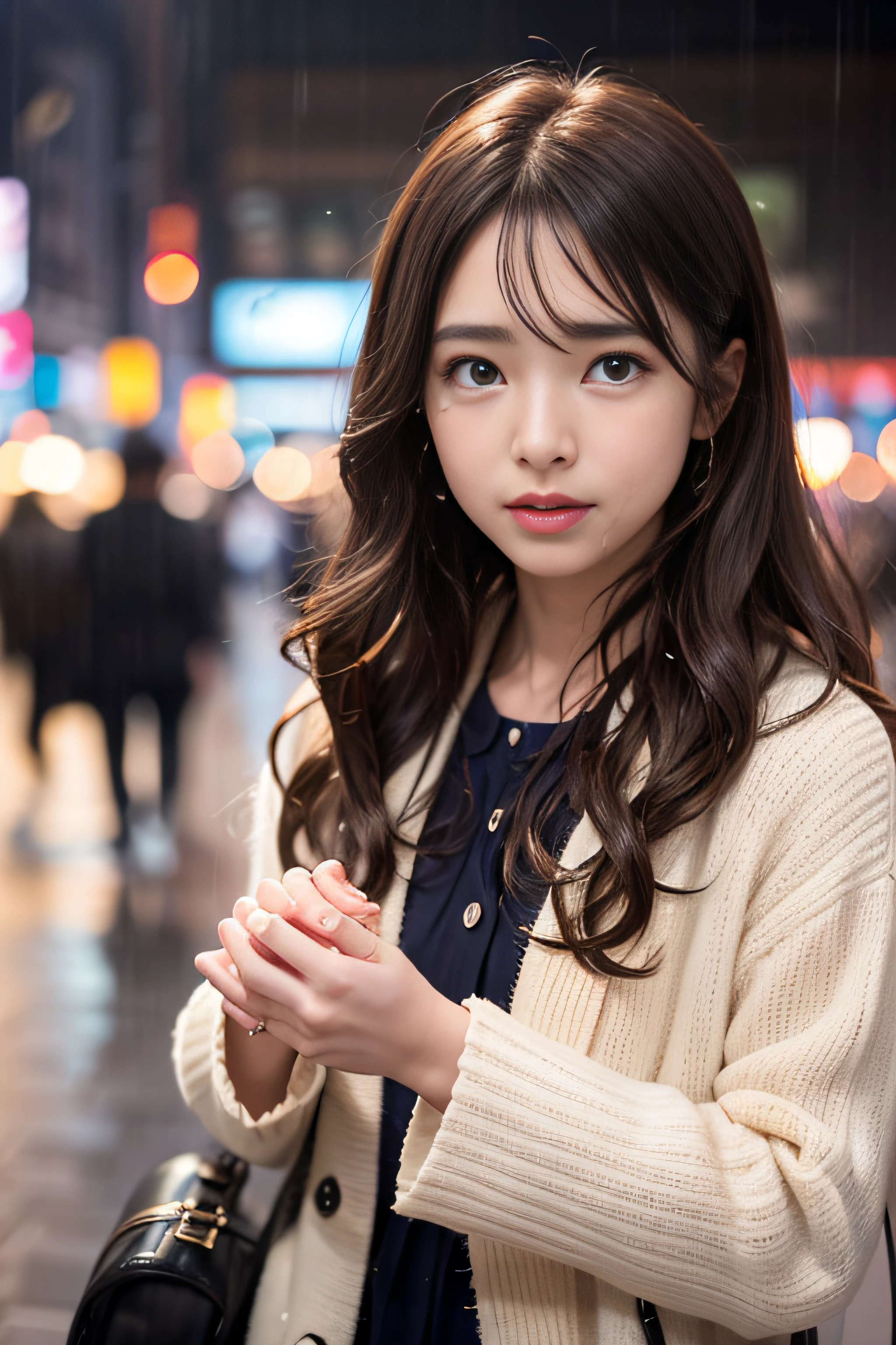1girl in、(Super beauty)、Long brown wavy hair、(Heartbreak Travel)、(Tears:1.4)、Tokyo Station in the Rain、(beauitful face)、Shallow depth of field