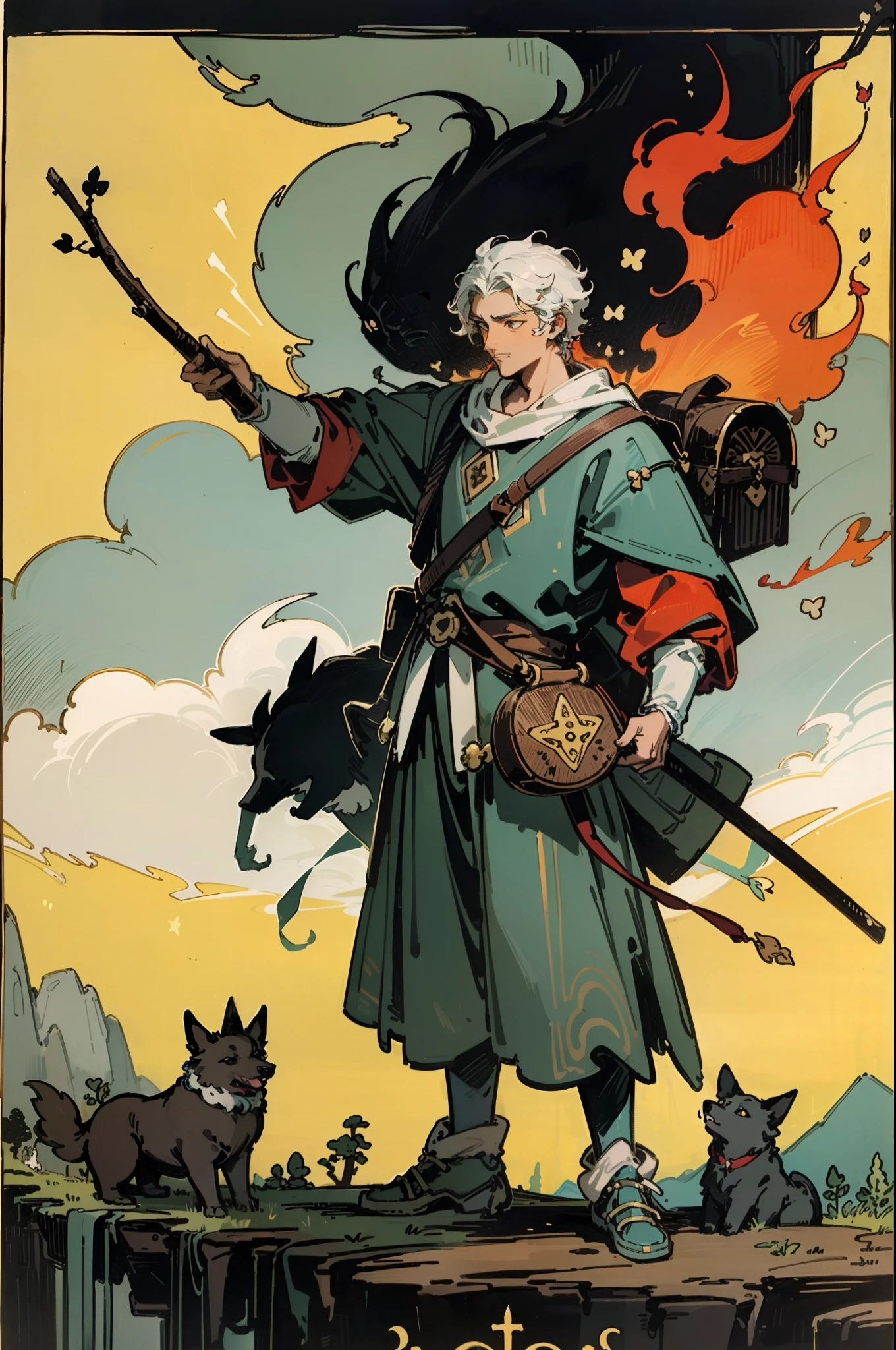 tarot card, the fool, man, bindle, stick and bag, cliff, dog